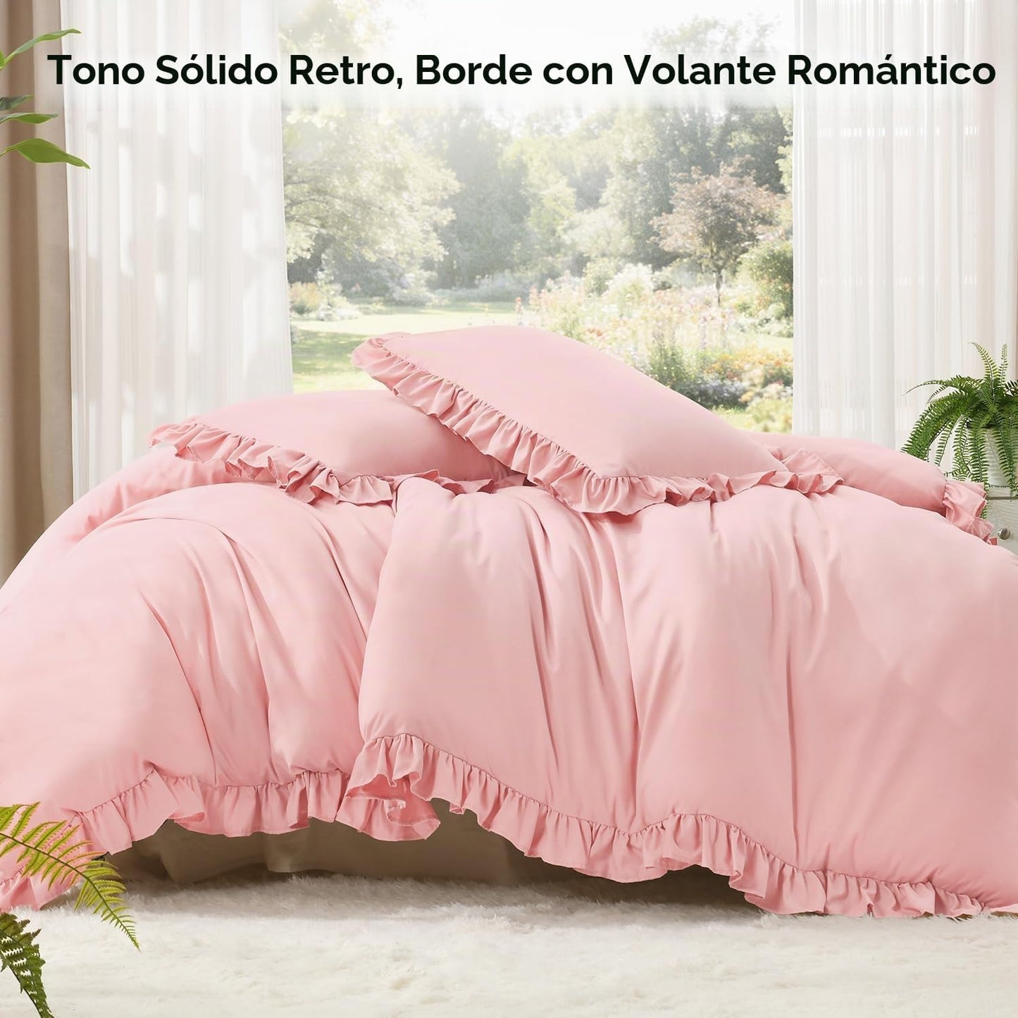 Litanika Juego de edredón rosa tamaño completo, 3 piezas con volant...