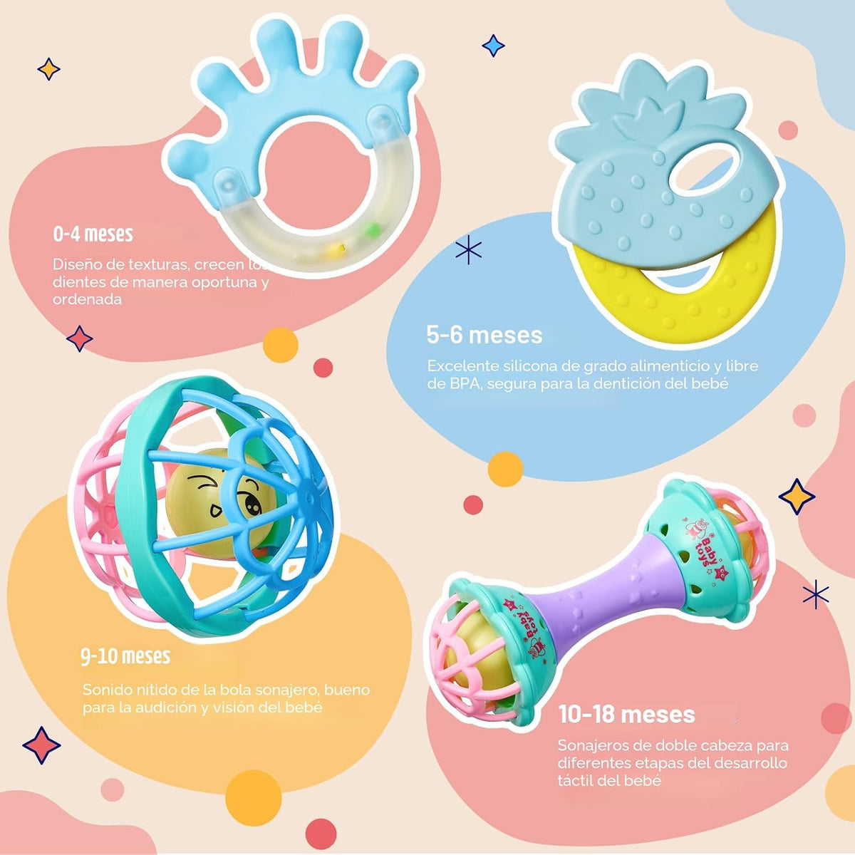 15 sonajeros para bebés de 0 a 6 meses, sonajeros de bebé sin BPA d...