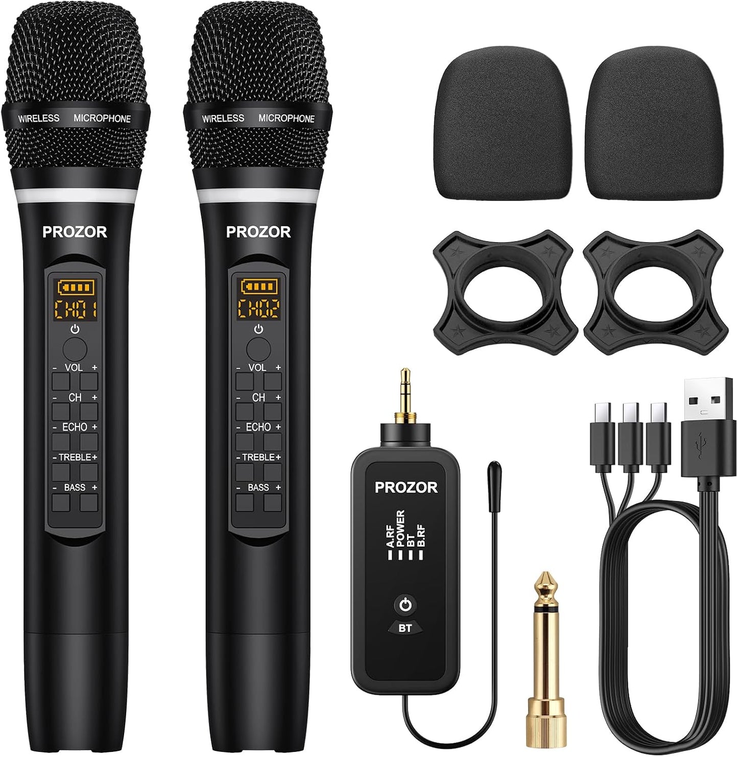 PROZOR Micrófono inalámbrico UHF con control de eco de graves agudo...