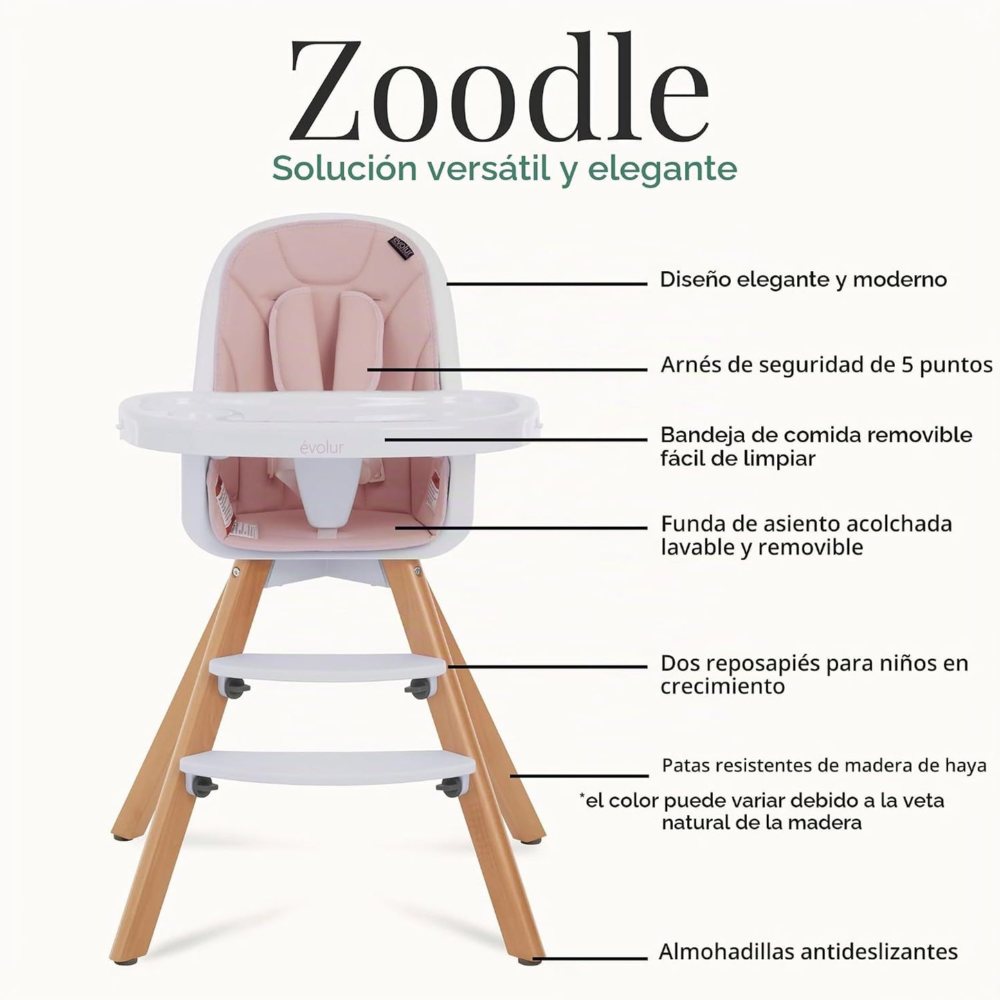 Evolur Zoodle - Silla alta convertible 2 en 1 para bebé, color rosa...