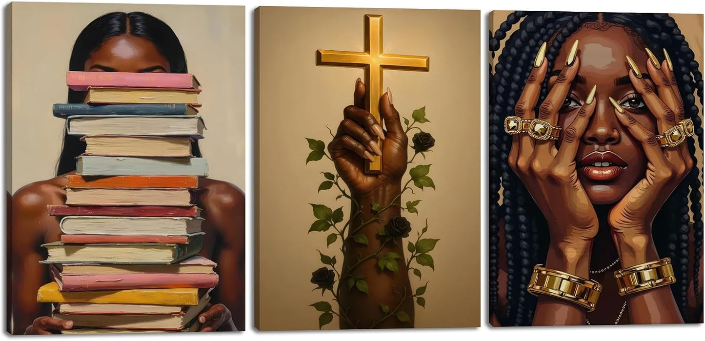 3 piezas de lienzo de niña negra para pared, póster de pintura afro...