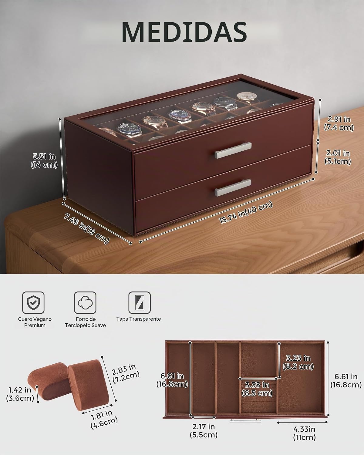 ProCase Caja de reloj de 14 ranuras, vitrina de 2 niveles con cajon...