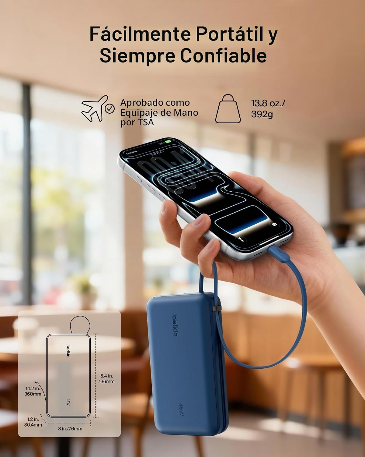 Belkin 20000mAh 45W Cargador portátil Power Bank con cable USB C in...
