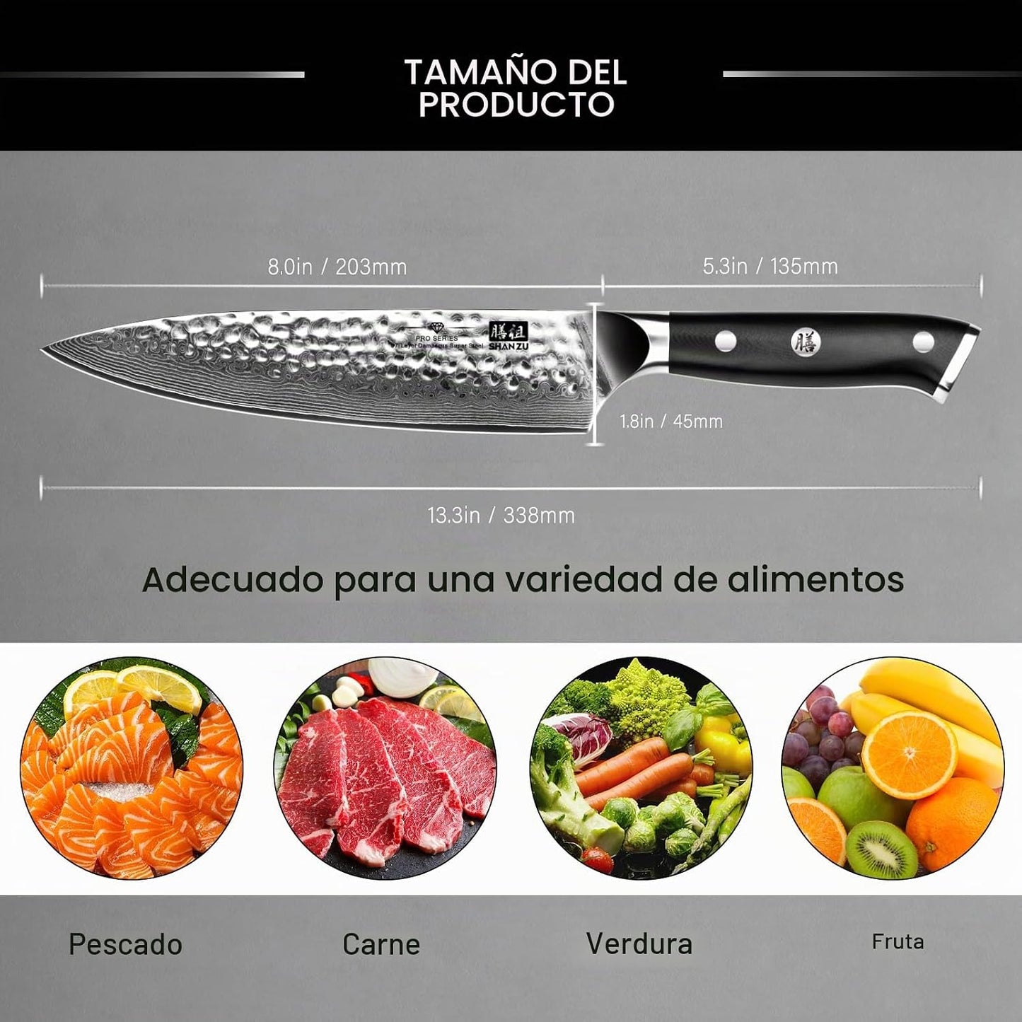 SHAN ZU Cuchillo de chef, cuchillo de acero damasquino de 8 pulgada...