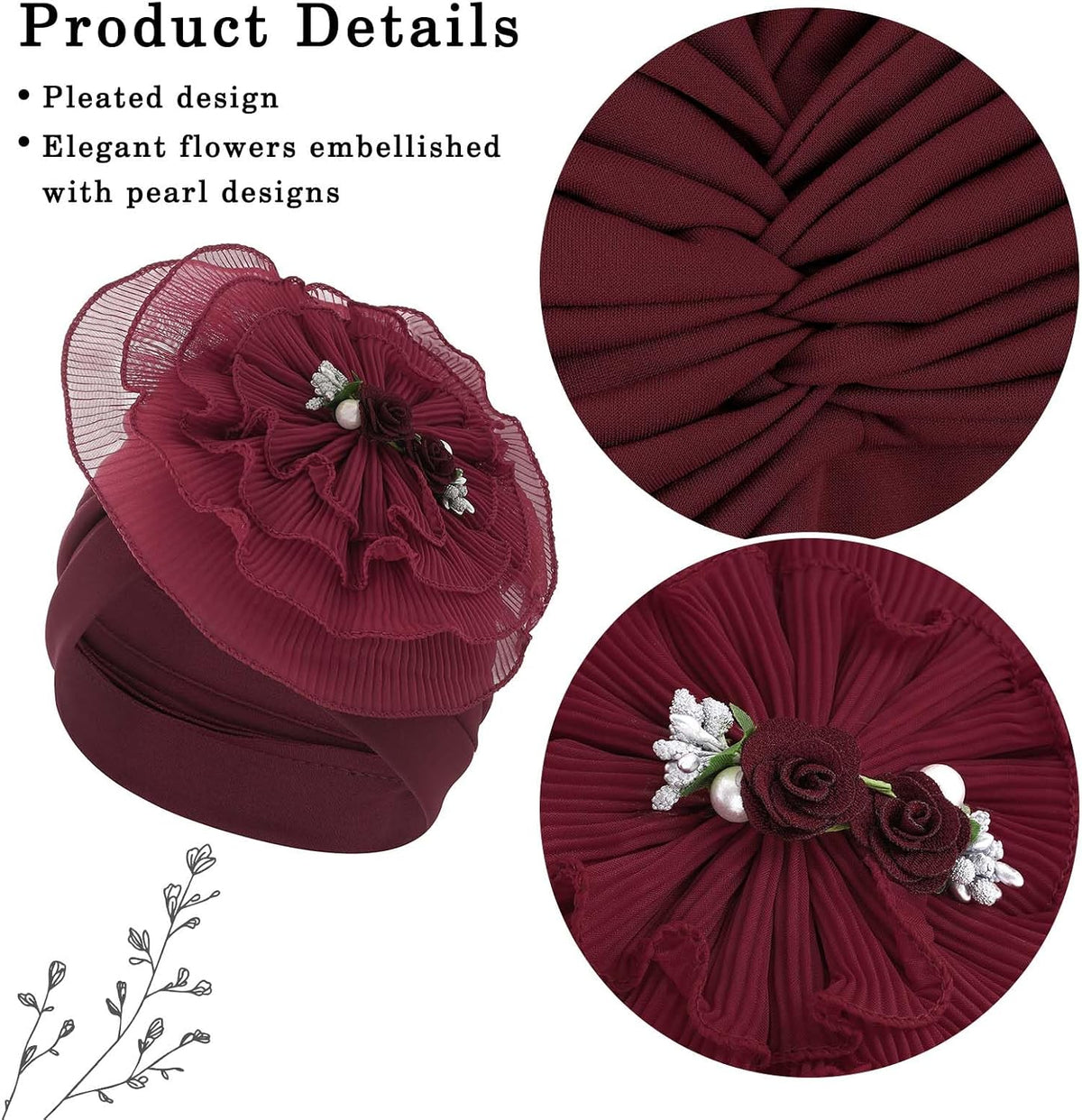 Bohend Gorro de turbantes de flores, nudo de perla, gorro preatado...