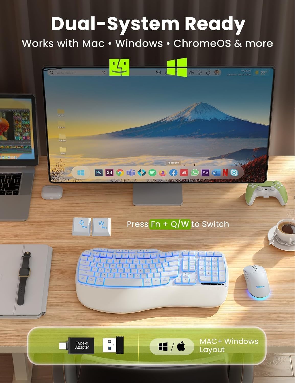 Combo de teclado y mouse inalámbricos blancos, juego de teclado erg...