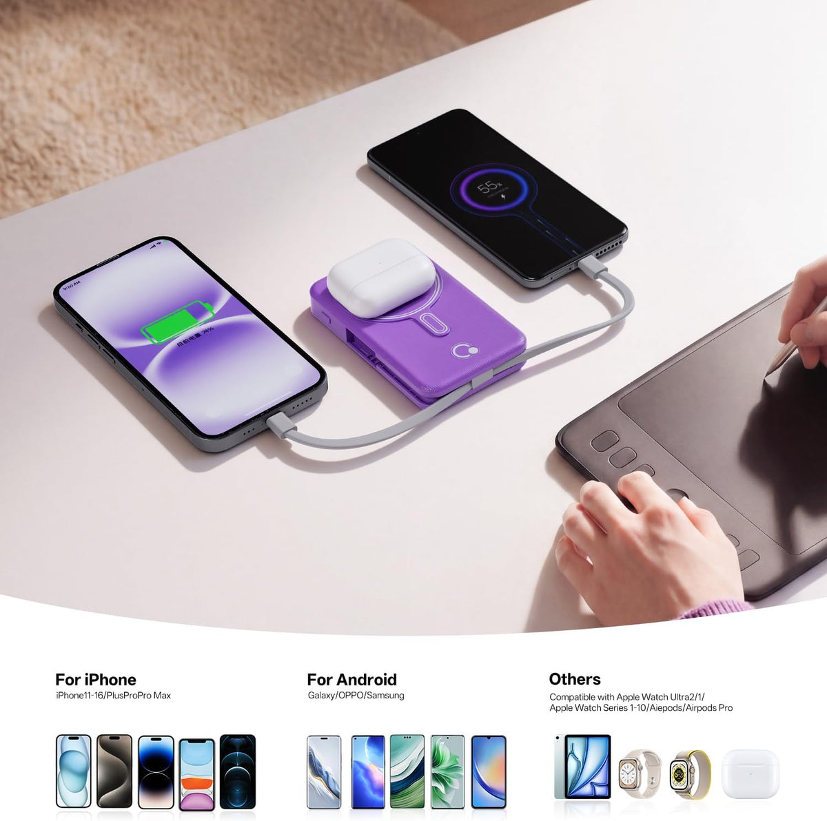 Q Cargador portátil inalámbrico magnético de 10,000 mAh, batería ex...