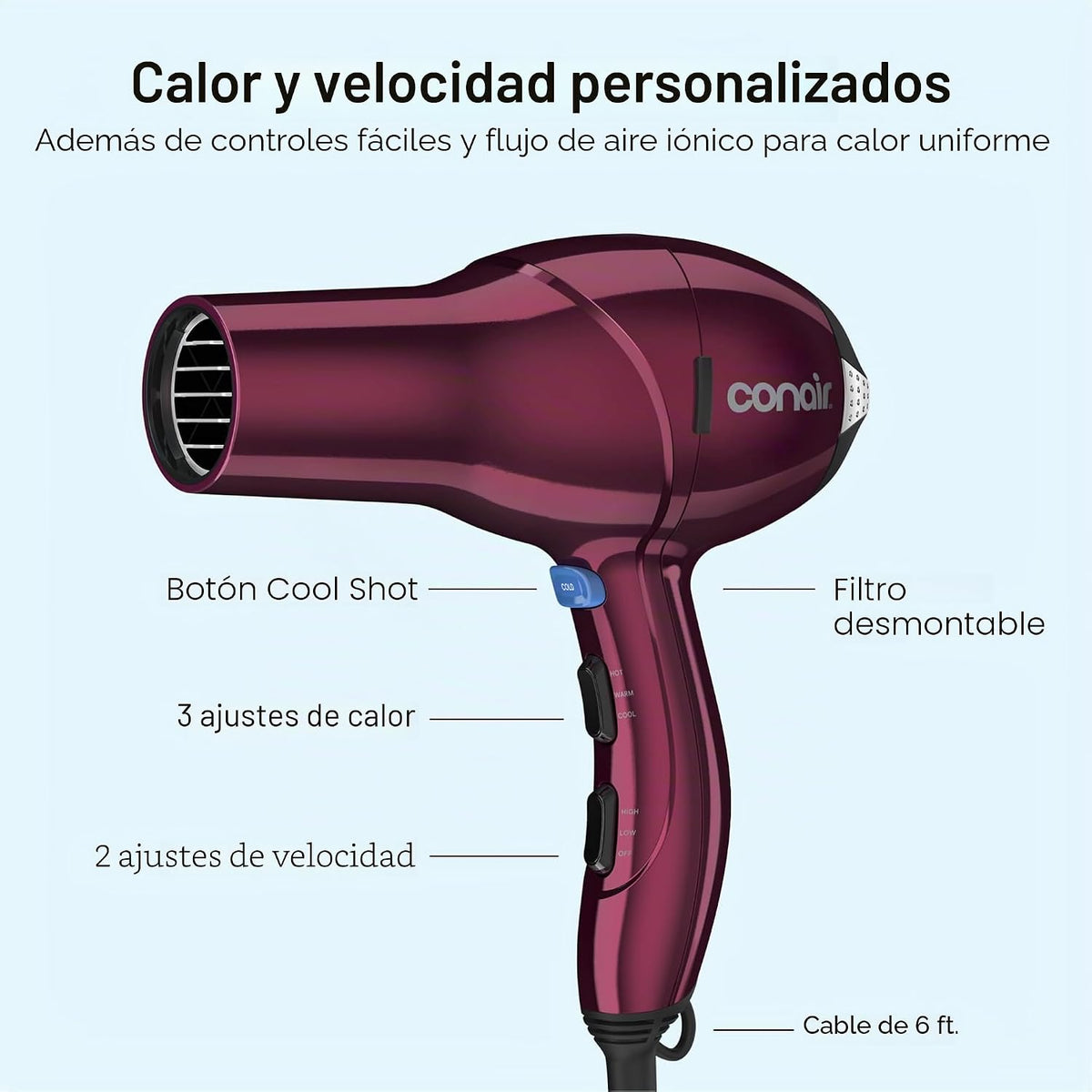 Secador de pelo Infiniti PRO CONAIR con difusor, motor AC profesion...
