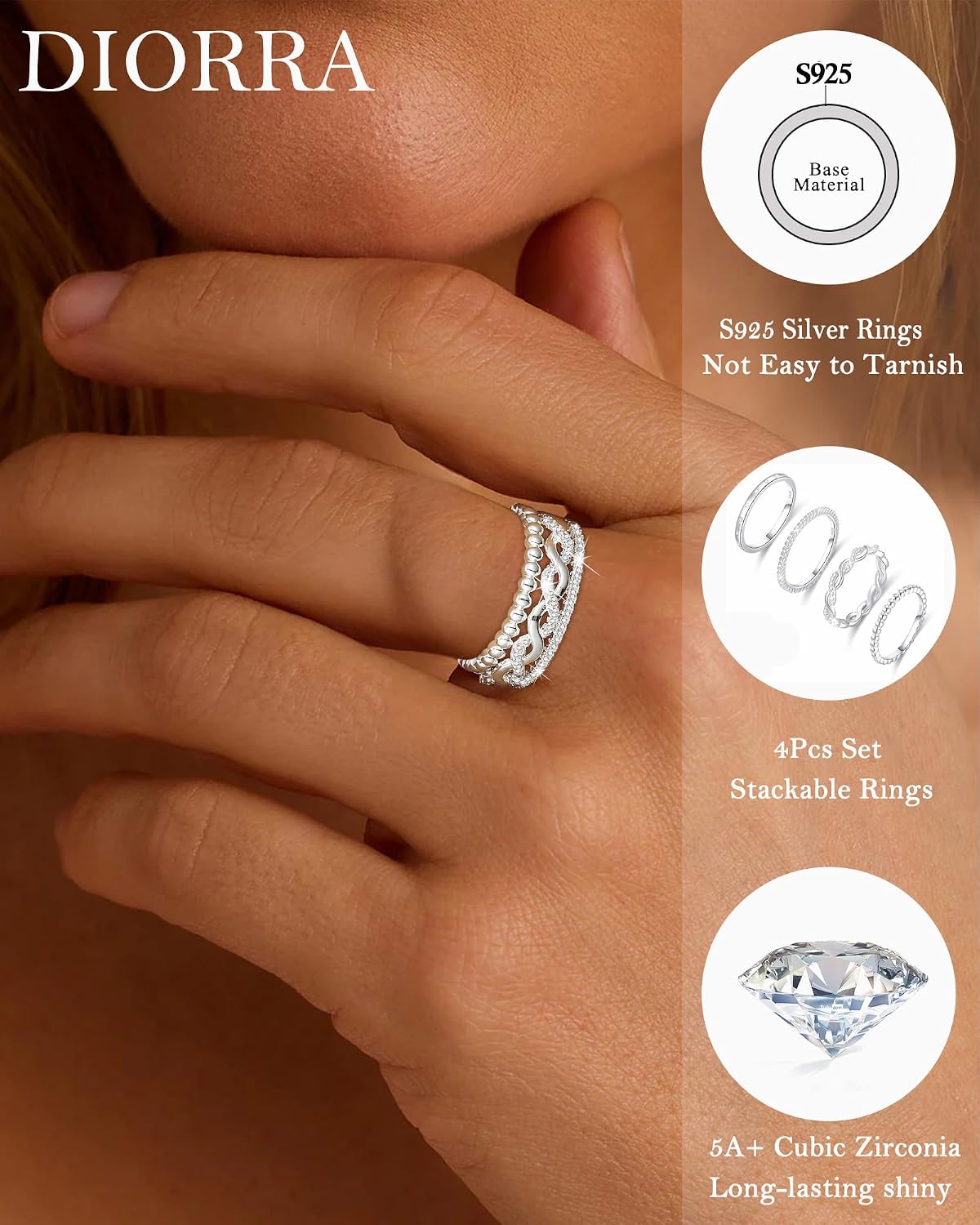 Diorra Anillo de Plata Esterlina para Mujer, 4PCS Anillos Finos Api...
