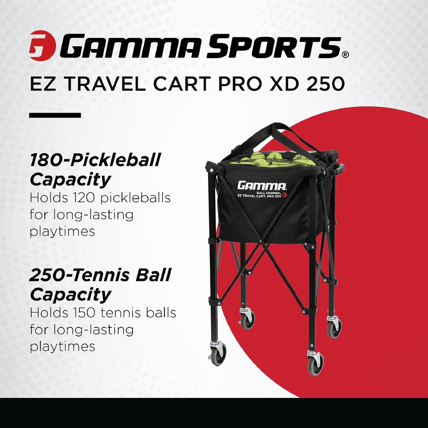 Carro de viaje GAMMA Sports EZ, tolva de tenis y pickleball, pádel,...
