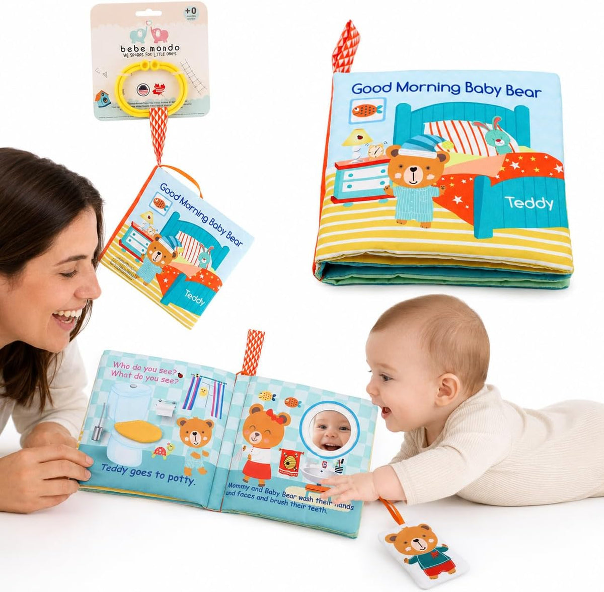 bebe mondo Oso de peluche con espejo, libros suaves y arrugados par...