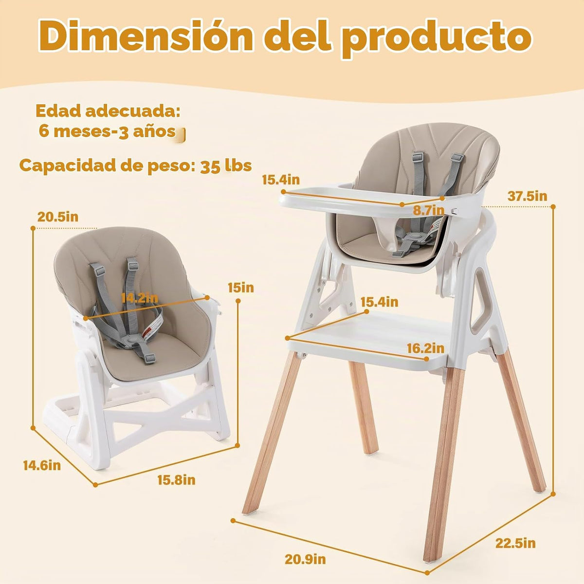 Silla alta para bebé, silla alta convertible de madera 4 en 1 para...