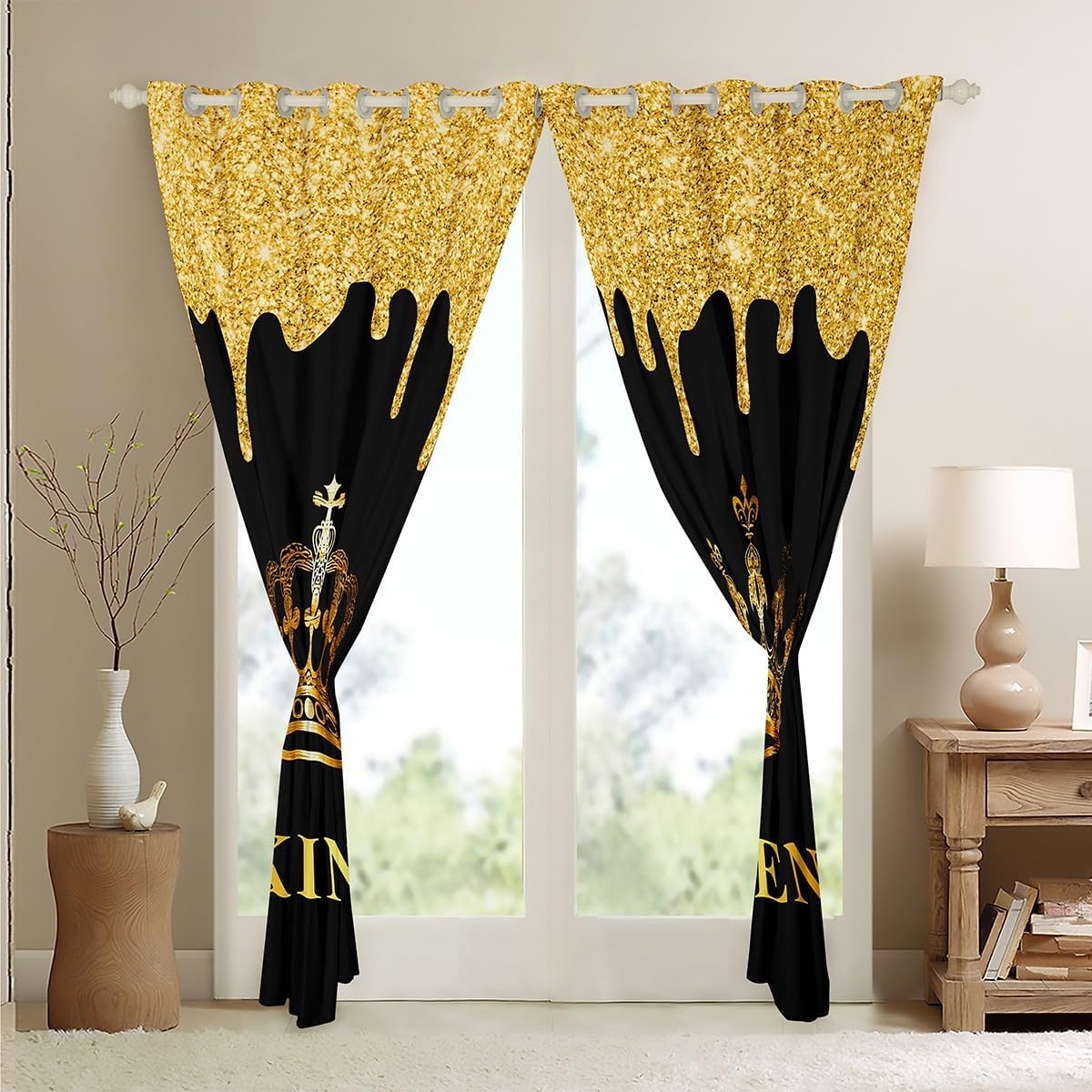 Feelyou Cortinas opacas con corona dorada para ventana King &amp; Q...