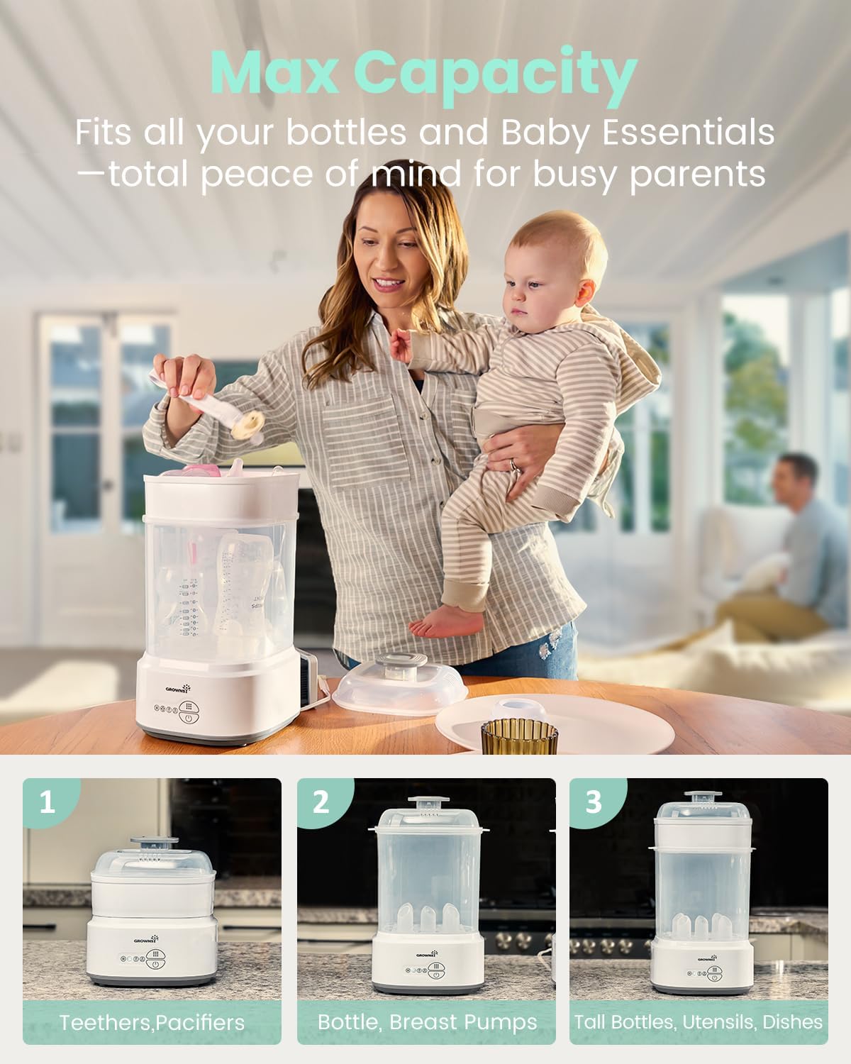 Grownsy Esterilizador y secador compacto para biberones con desinfe...