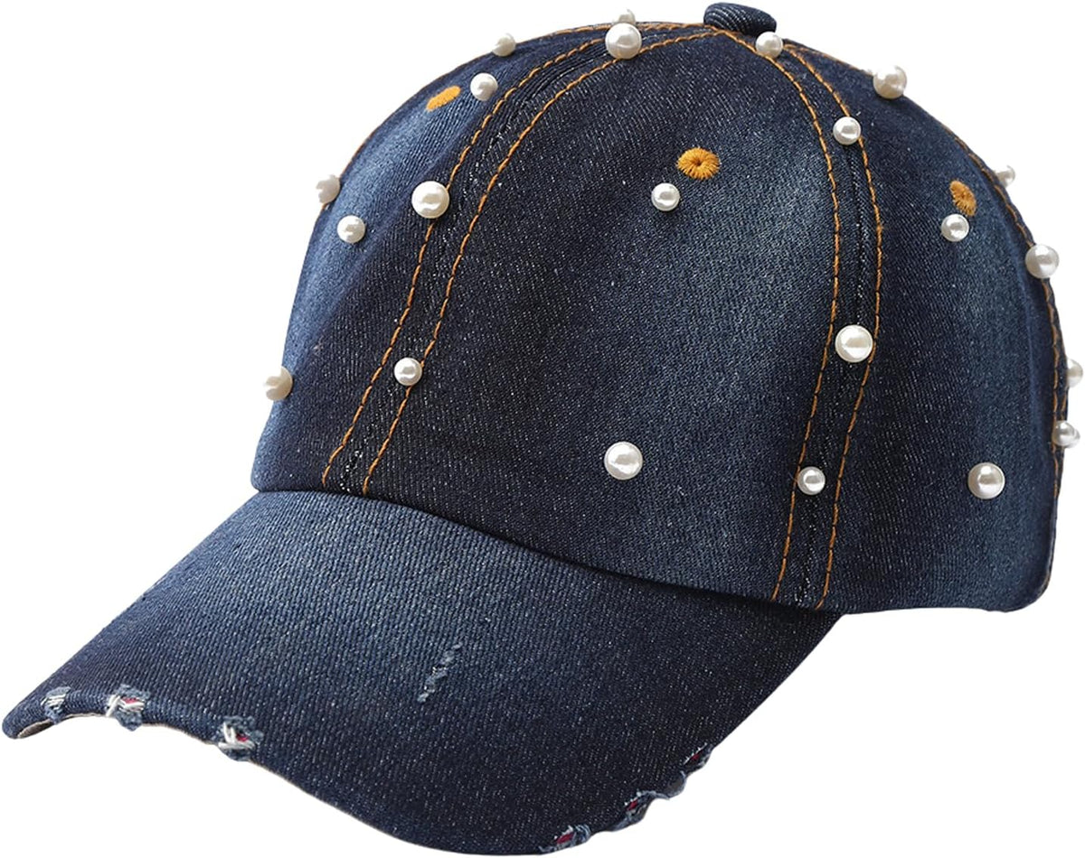 Qkxbxk Gorra de béisbol de mezclilla con perlas para mujer, ajustab...