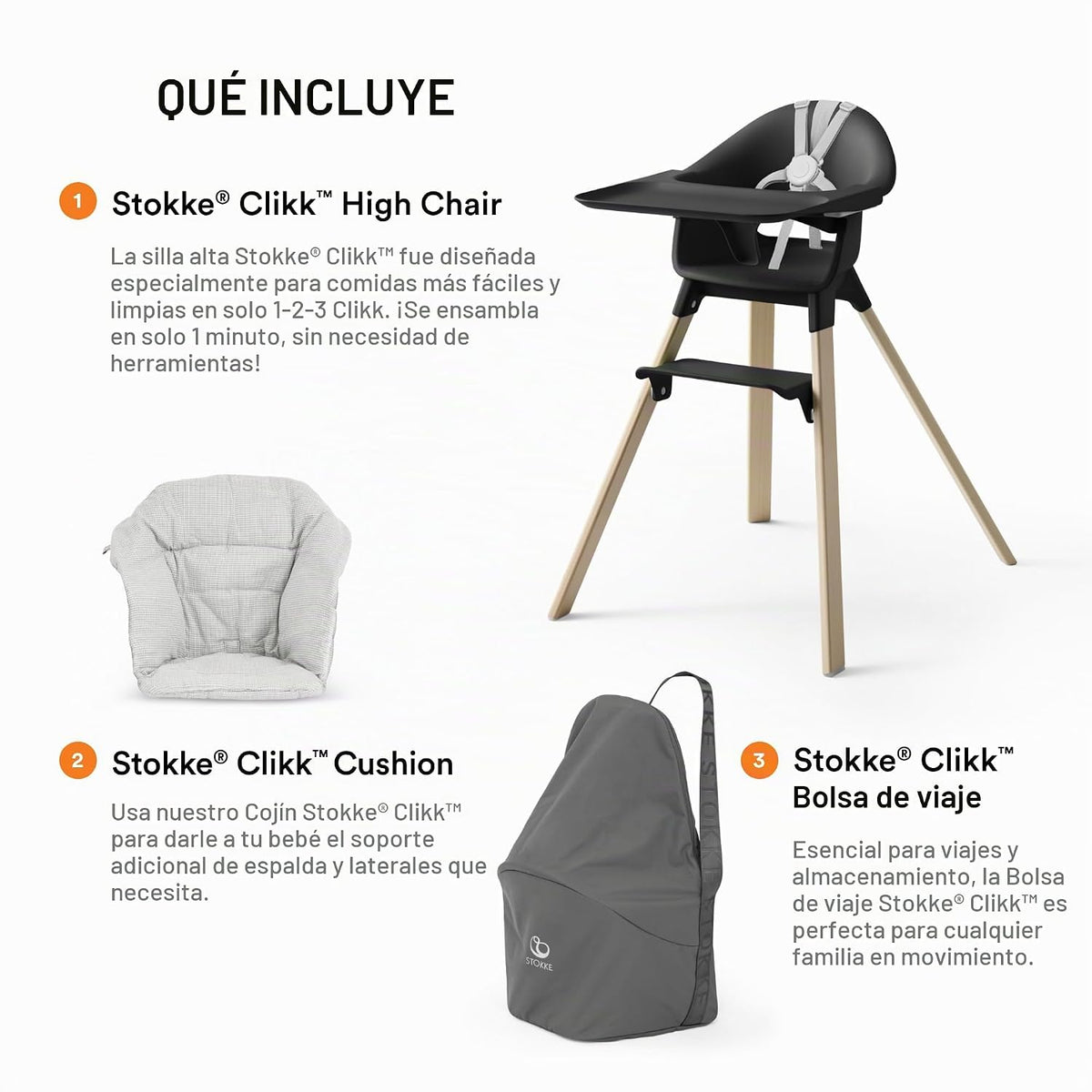 Stokke Silla alta Clikk (negro\/natural) con cojín Clikk (gris nórd...