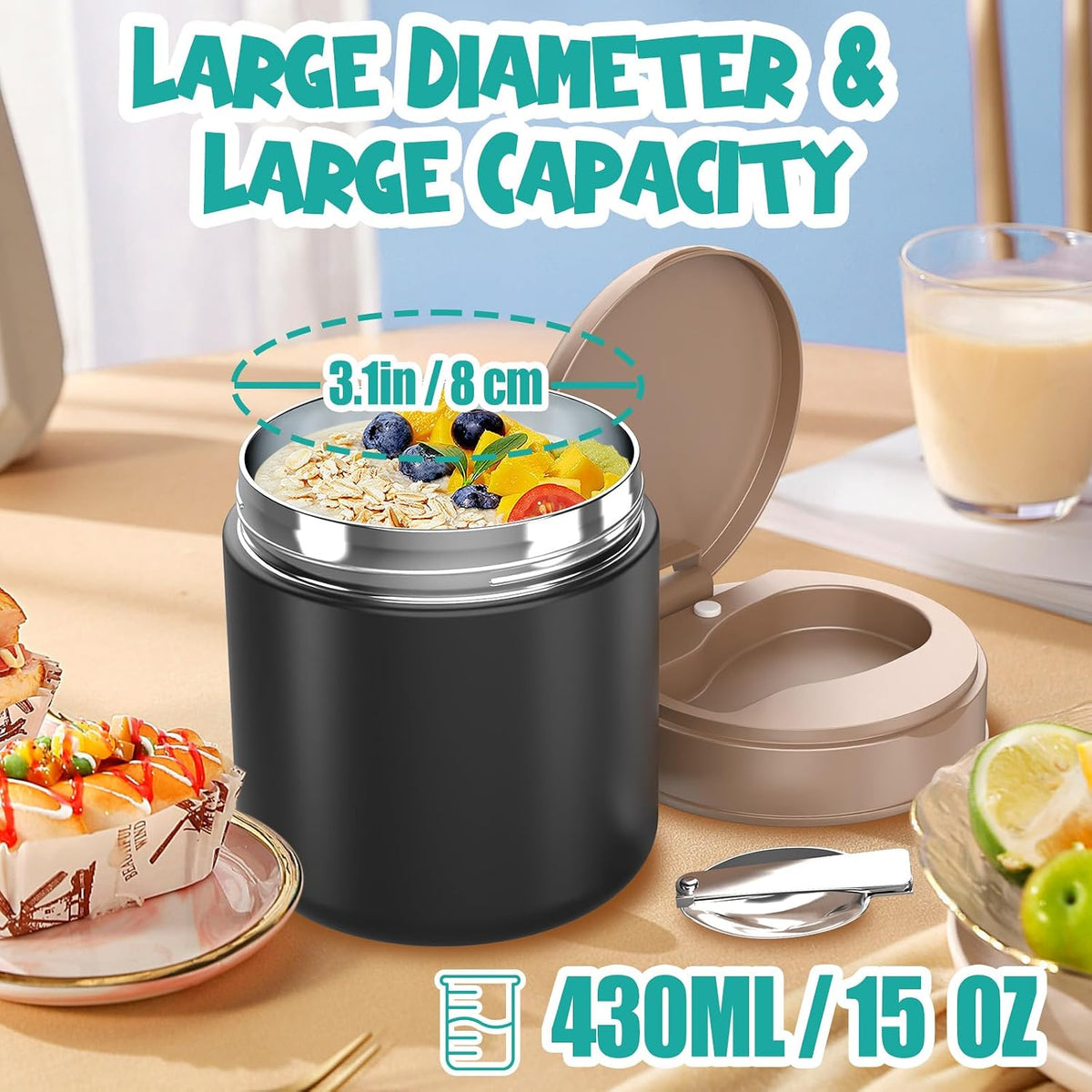 Termo para niños de comida caliente - 15.2oz con cuchara plegable y...