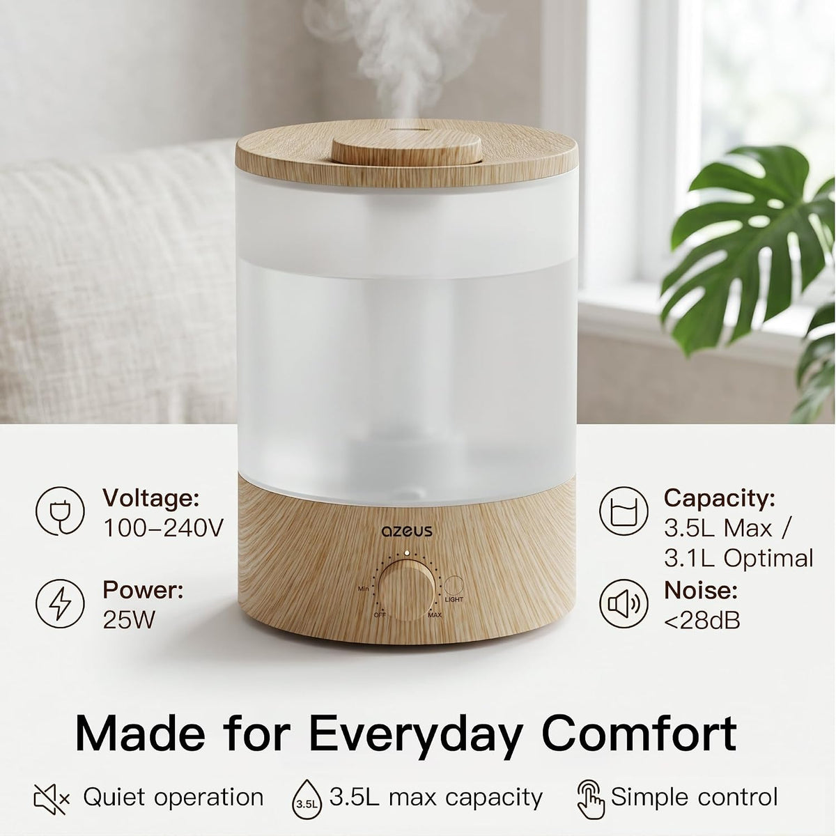 AZEUS Humidificador de niebla fría de 3.5L con luz nocturna de 7 co...