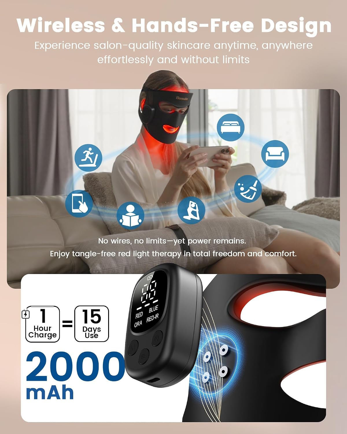 Terapia de luz roja inalámbrica para la cara con 400 LED, terapia d...