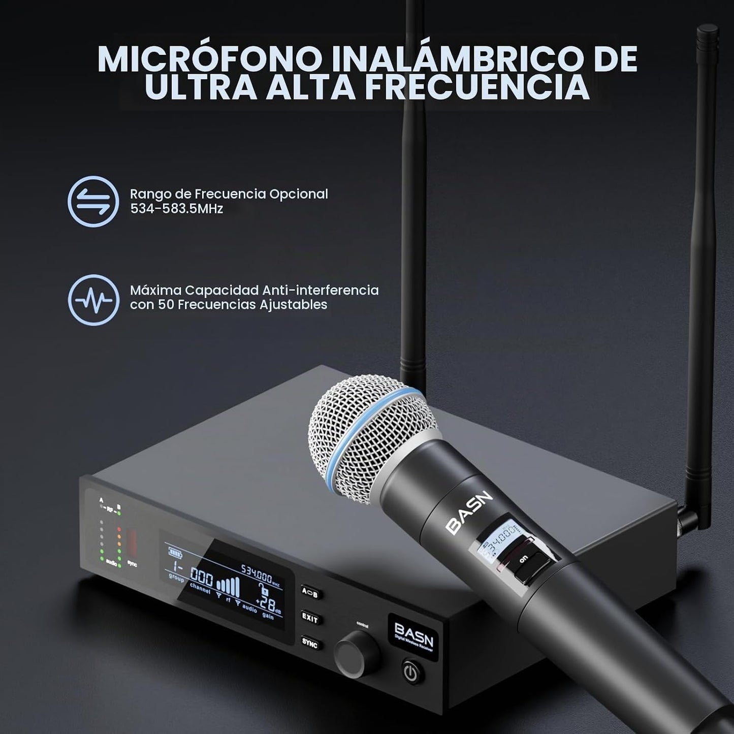 BASN UHF Sistema de micrófono inalámbrico de mano de doble canal (b...