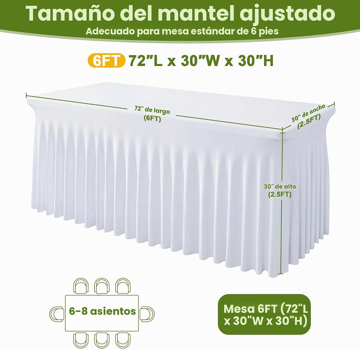 Baoszty Mantel de elastano blanco para mesas rectangulares de 6 pie...