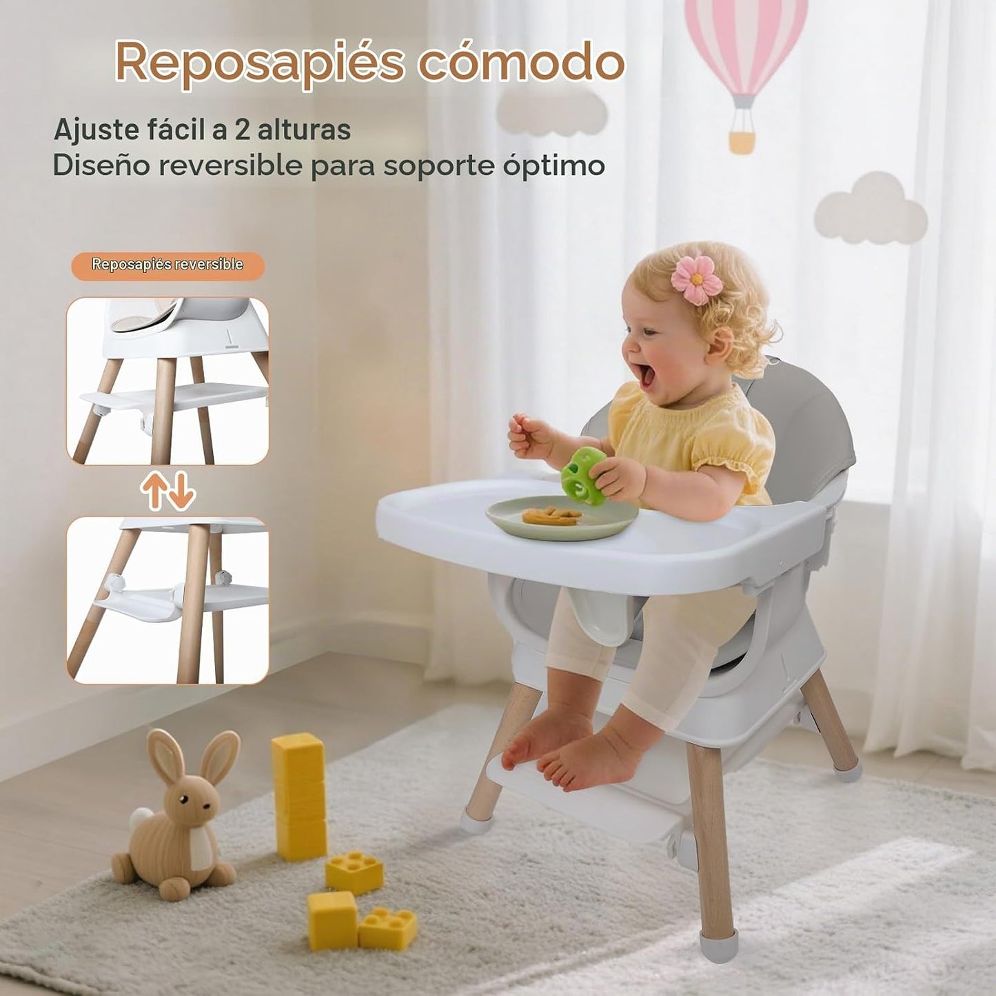 Silla alta convertible 9 en 1 con asiento elevador, trona de madera...