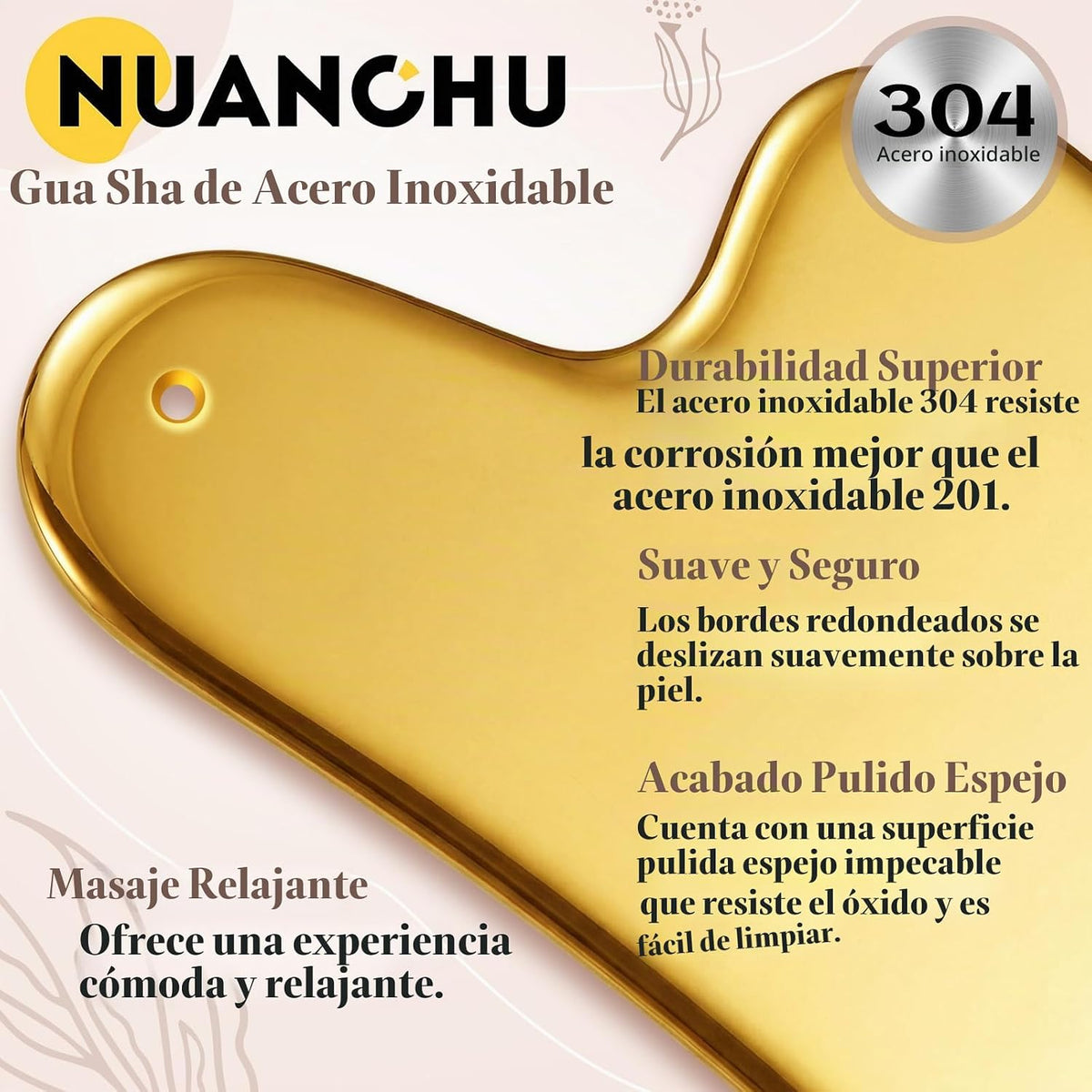 Nuanchu 304 Gua Sha - Herramienta facial de acero inoxidable, color...