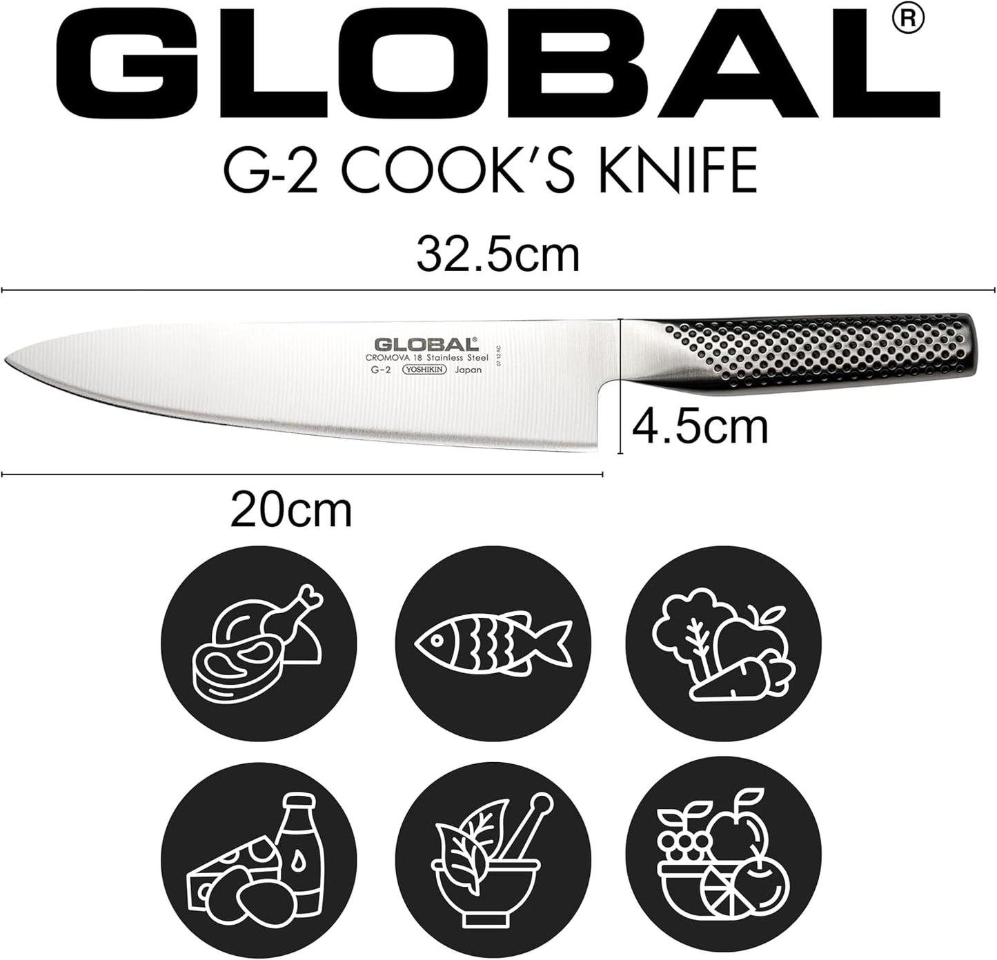 Global Cuchillo de chef de 8 pulgadas, acero inoxidable japonés lig...