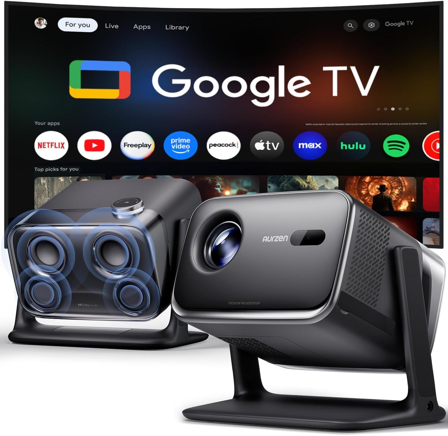 Aurzen BOOM - Mini proyector inteligente Google TV con WiFi y Bluet...