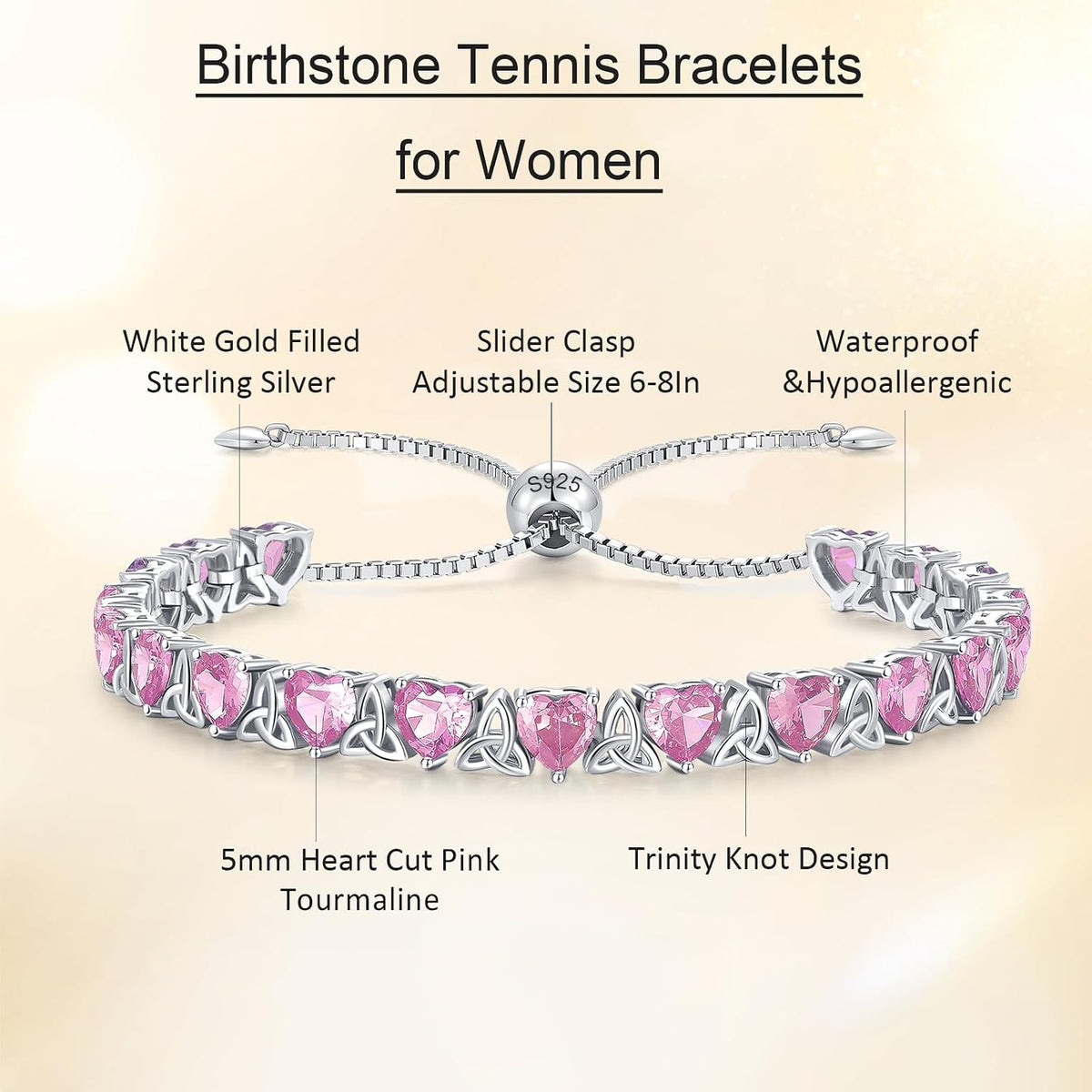 ETERMBOL Pulseras de tenis con piedra natal para mujer, plata de le...