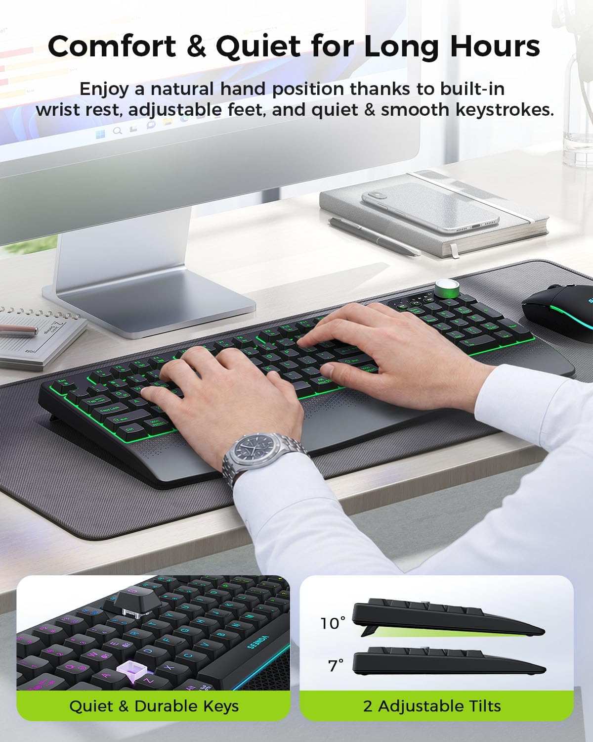 seenda Teclado y mouse inalámbricos Bluetooth, retroiluminación mul...