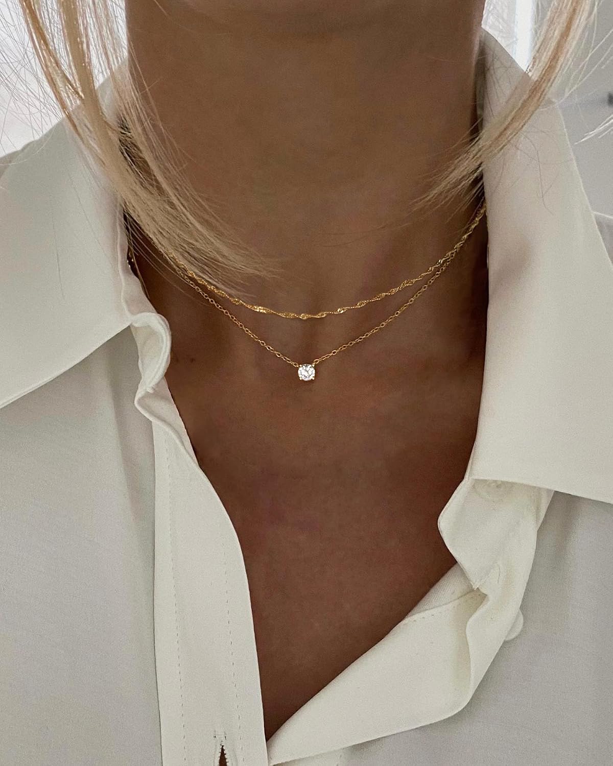 Tewiky delicados collares chapados en oro de 14 quilates con circon...