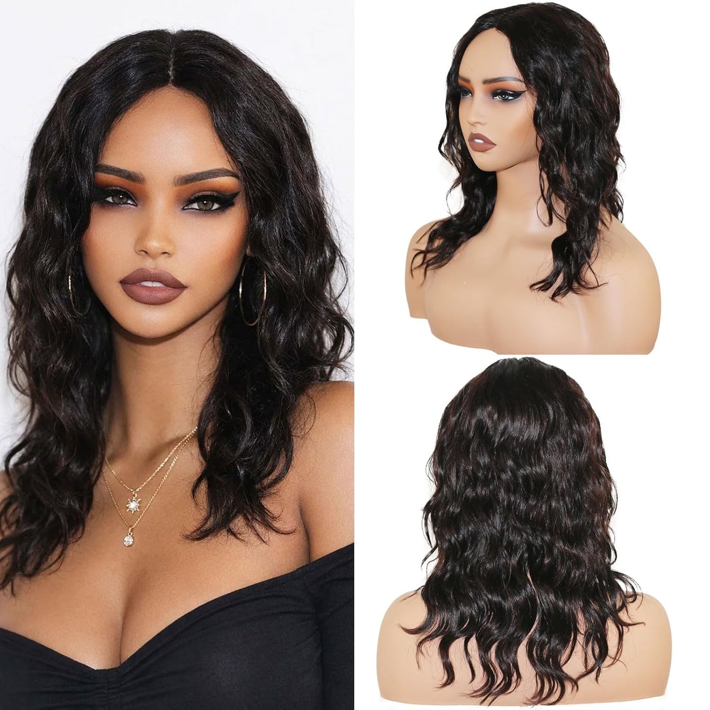 SilkSleek Peluca de cabello humano ondulado de 16 pulgadas, color m...
