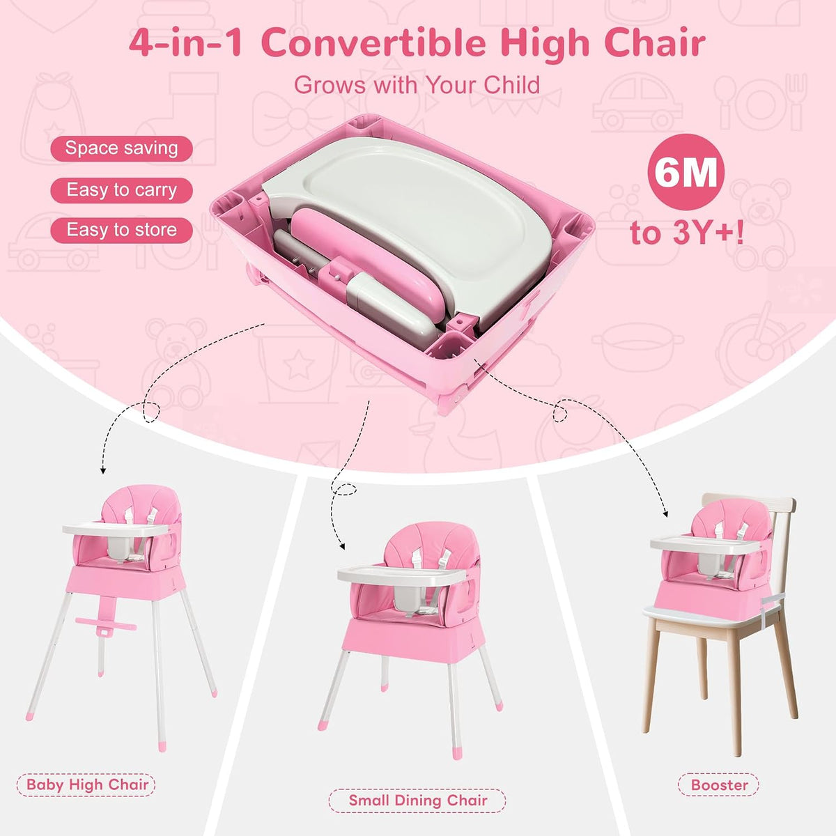 BOSEDSANG Silla Alta para Bebé 4 en 1, Silla Alta Convertible para...
