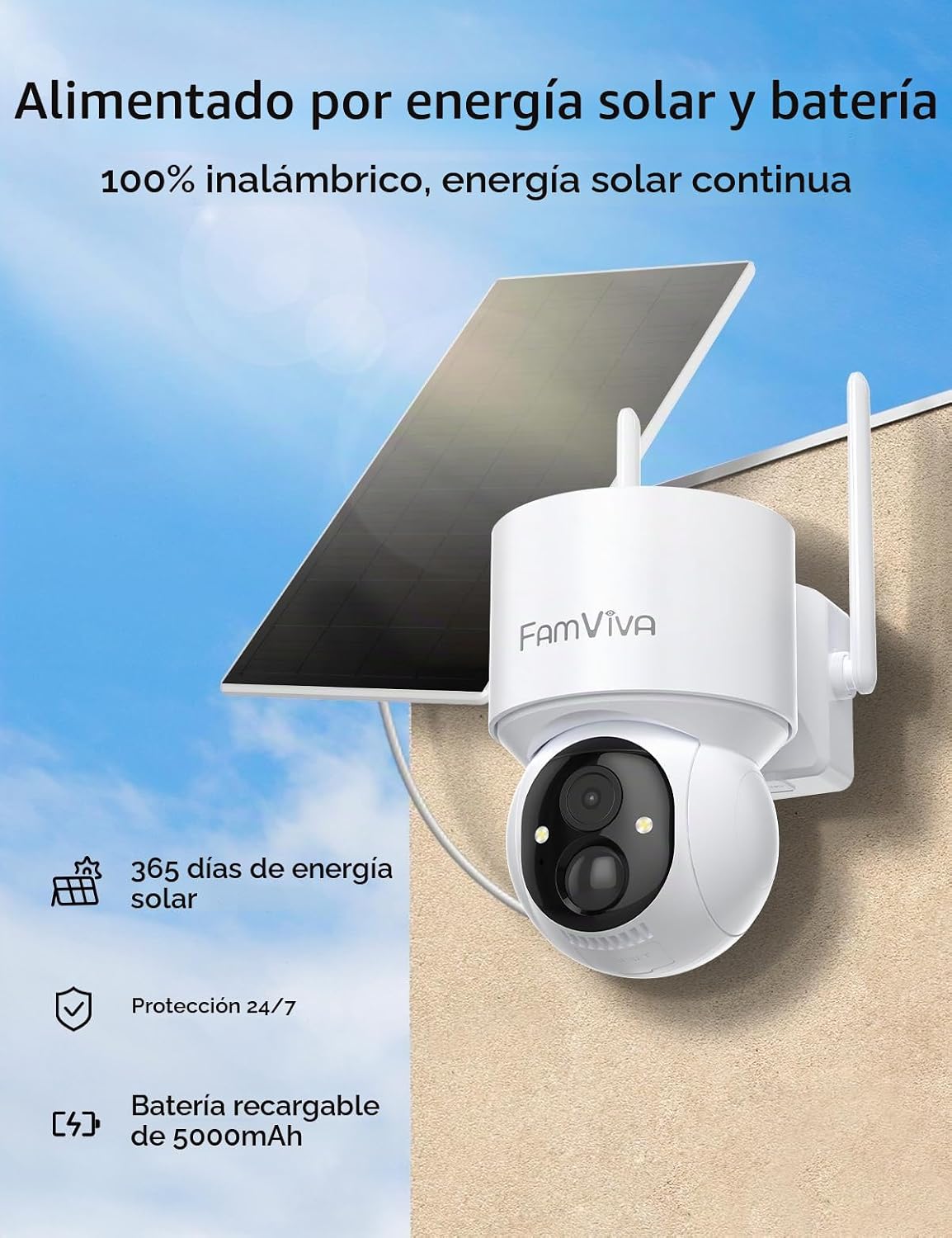 FAMVIVA Cámaras de seguridad solar 2K inalámbricas para exteriores,...