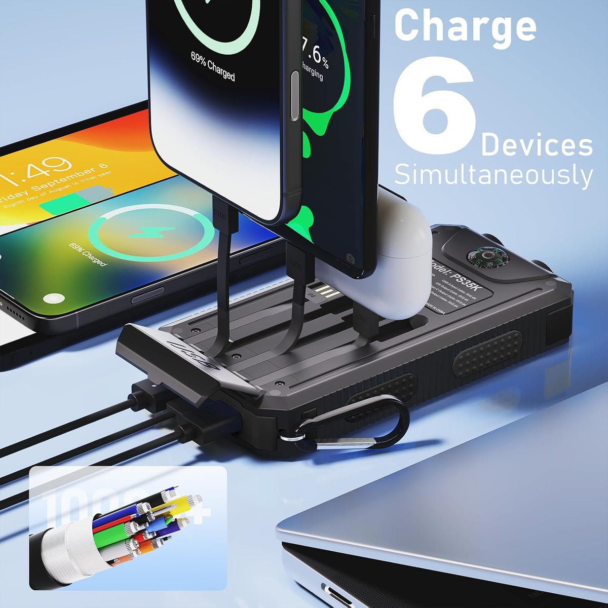Cargador solar de 20,000 mAh, cargador portátil, 4 cables, 3 puerto...