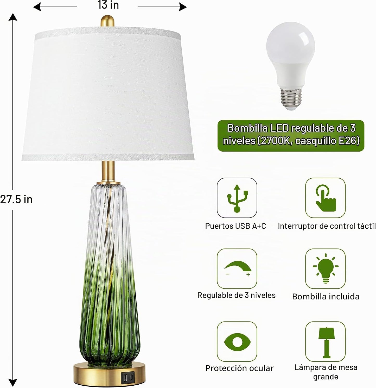 Lámparas de mesa modernas de cristal, lámparas de noche de 27.5 pul...