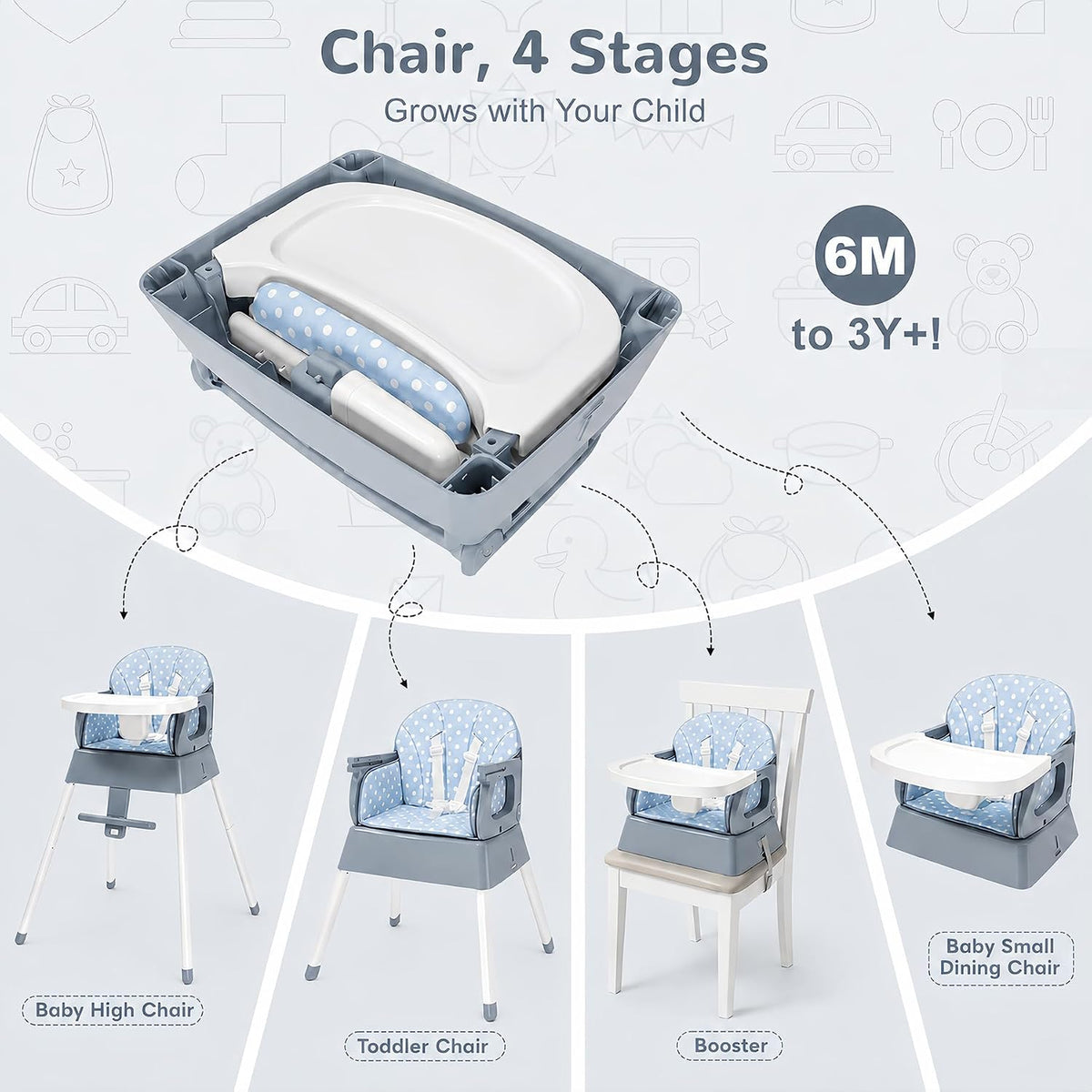 Silla alta portátil 4 en 1 convertible para bebés de 6 a 36 meses,...