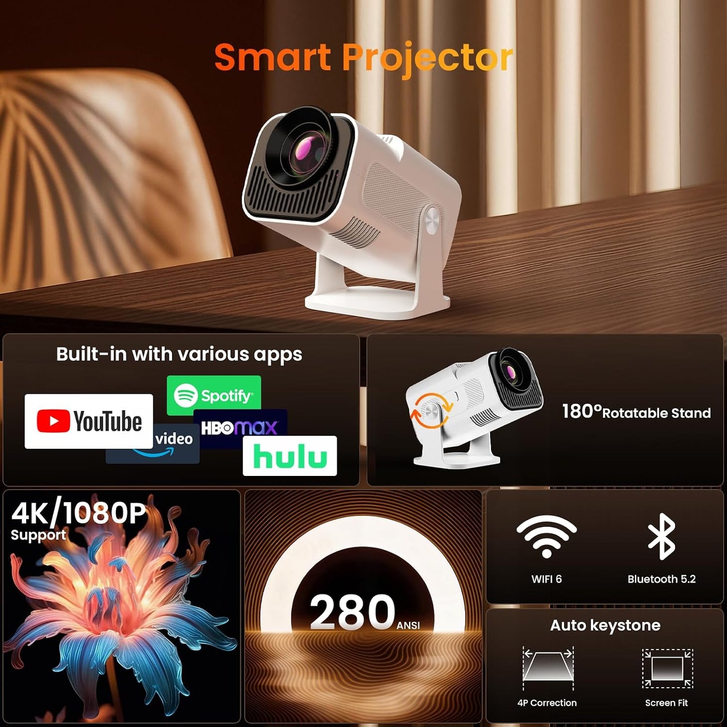Mini proyector con WiFi y soporte Bluetooth 4K 1080P FHD 2026 Proye...