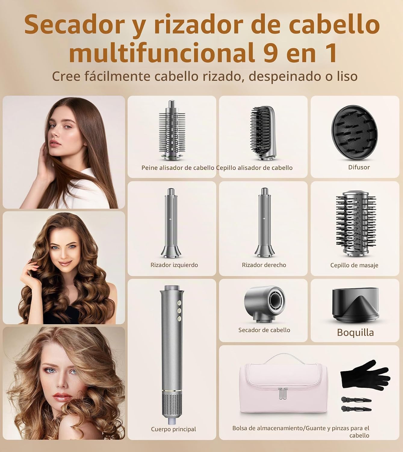 Kit de cepillo para secador de pelo 9 en 1, secador de pelo rizado...