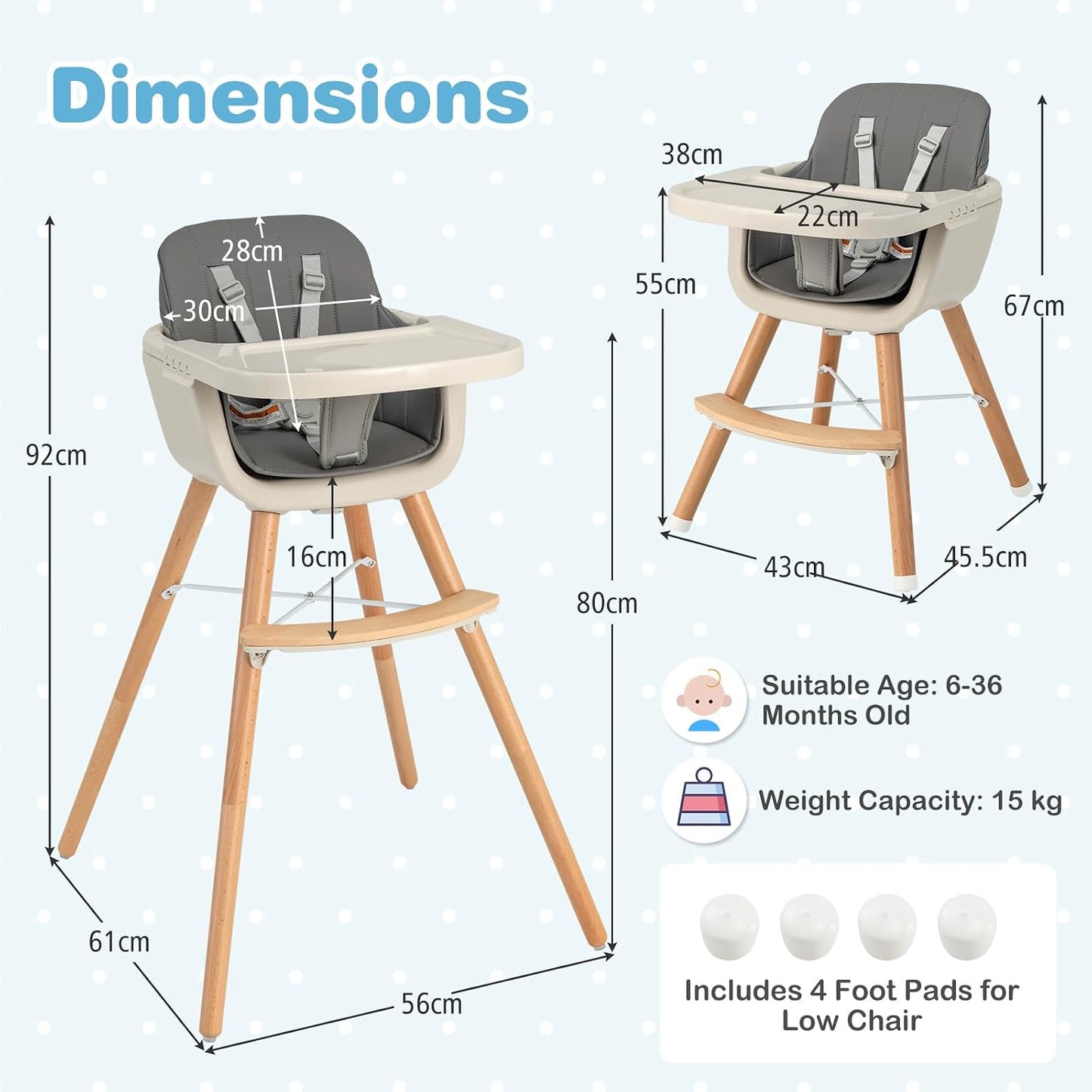 HONEY JOY Silla alta para bebé, silla alta 6 en 1 de madera Eat &am...
