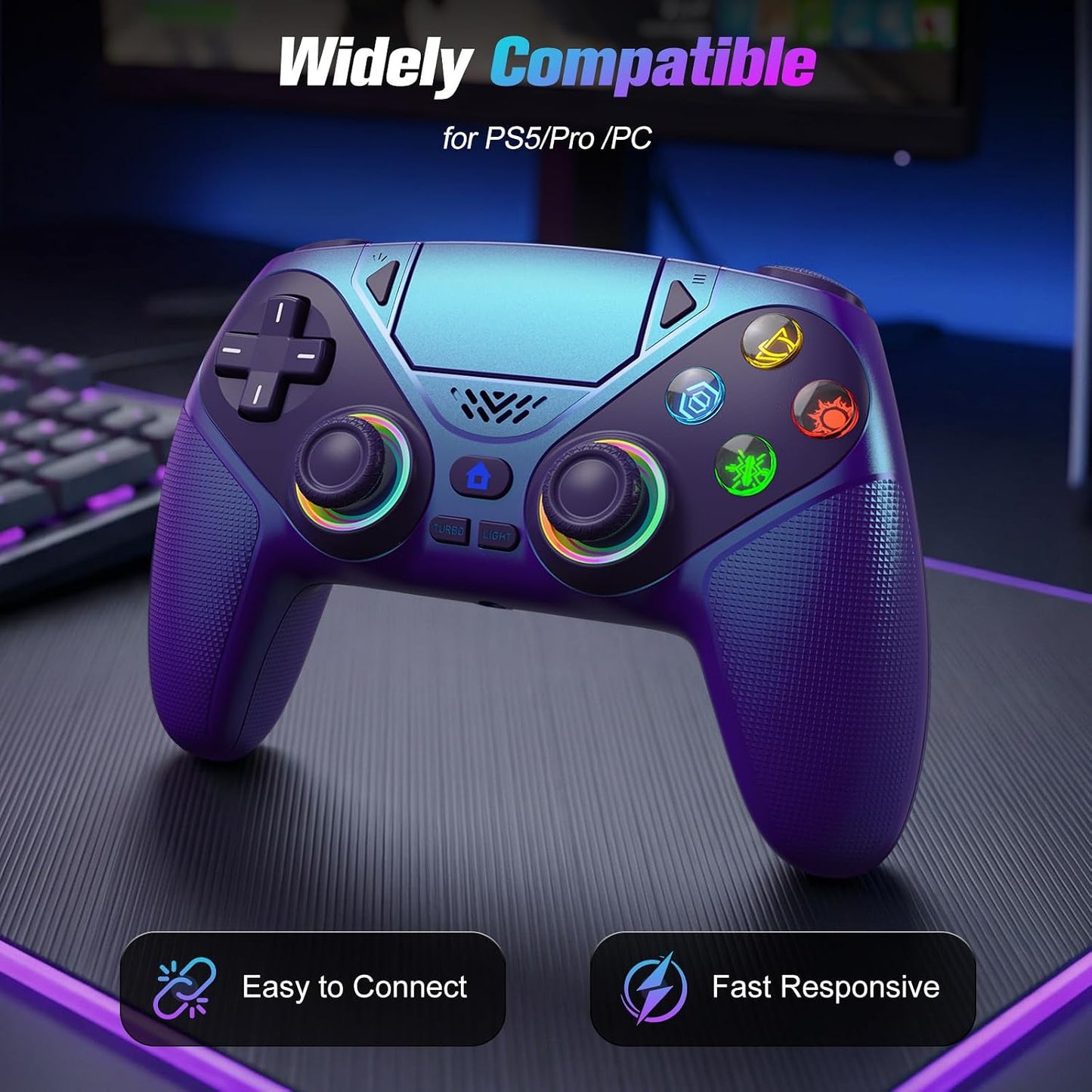 Controlador inalámbrico Dinosoo RGB para PS5\/PC \u2013 Gamepad Blu...