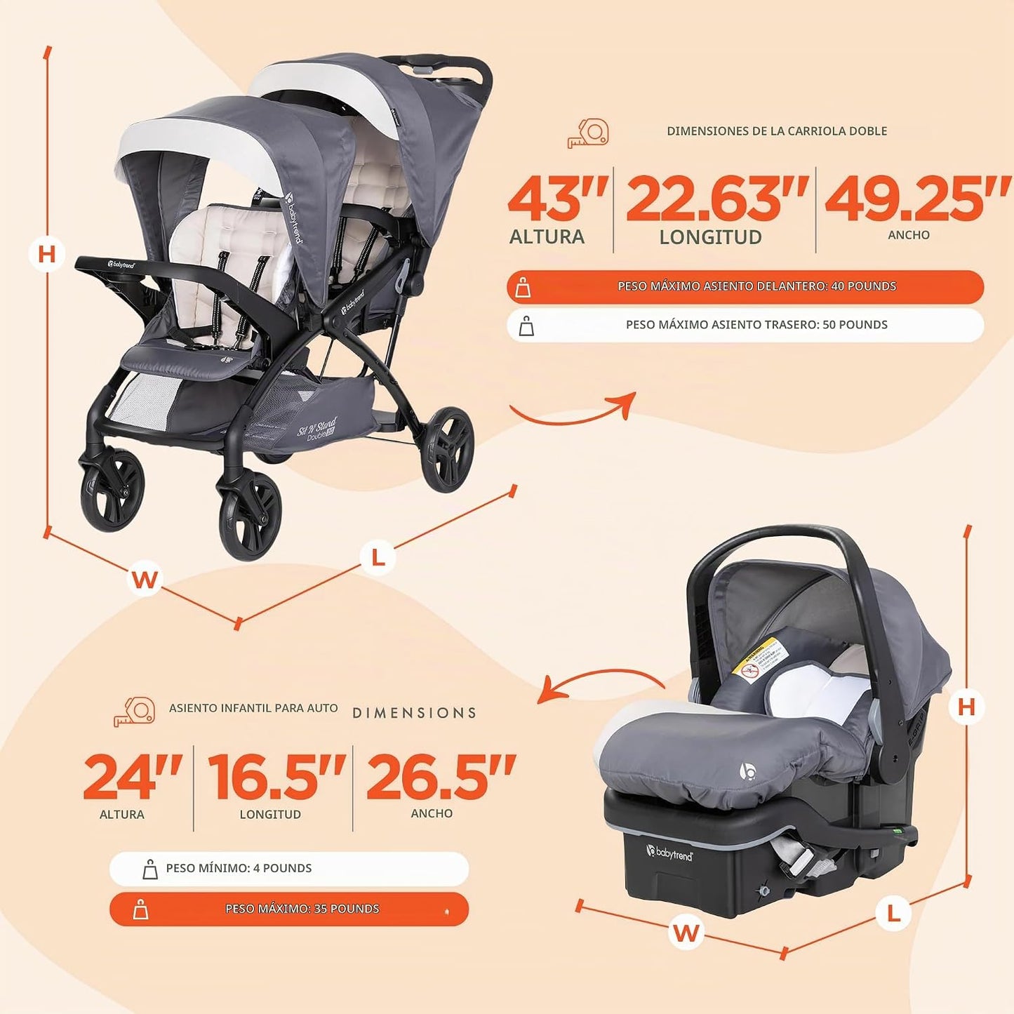 Baby Trend Sit N' Stand Cochecito doble tándem con 2 asientos d...