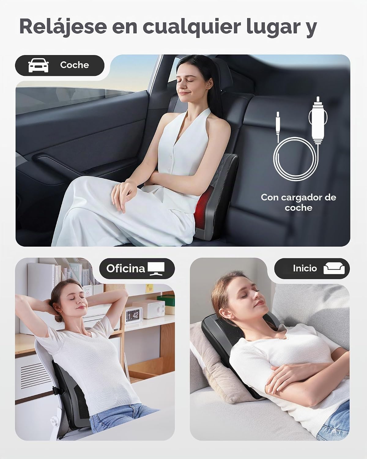 Boriwat Masajeador de espalda con calor, almohada de masaje 3D para...