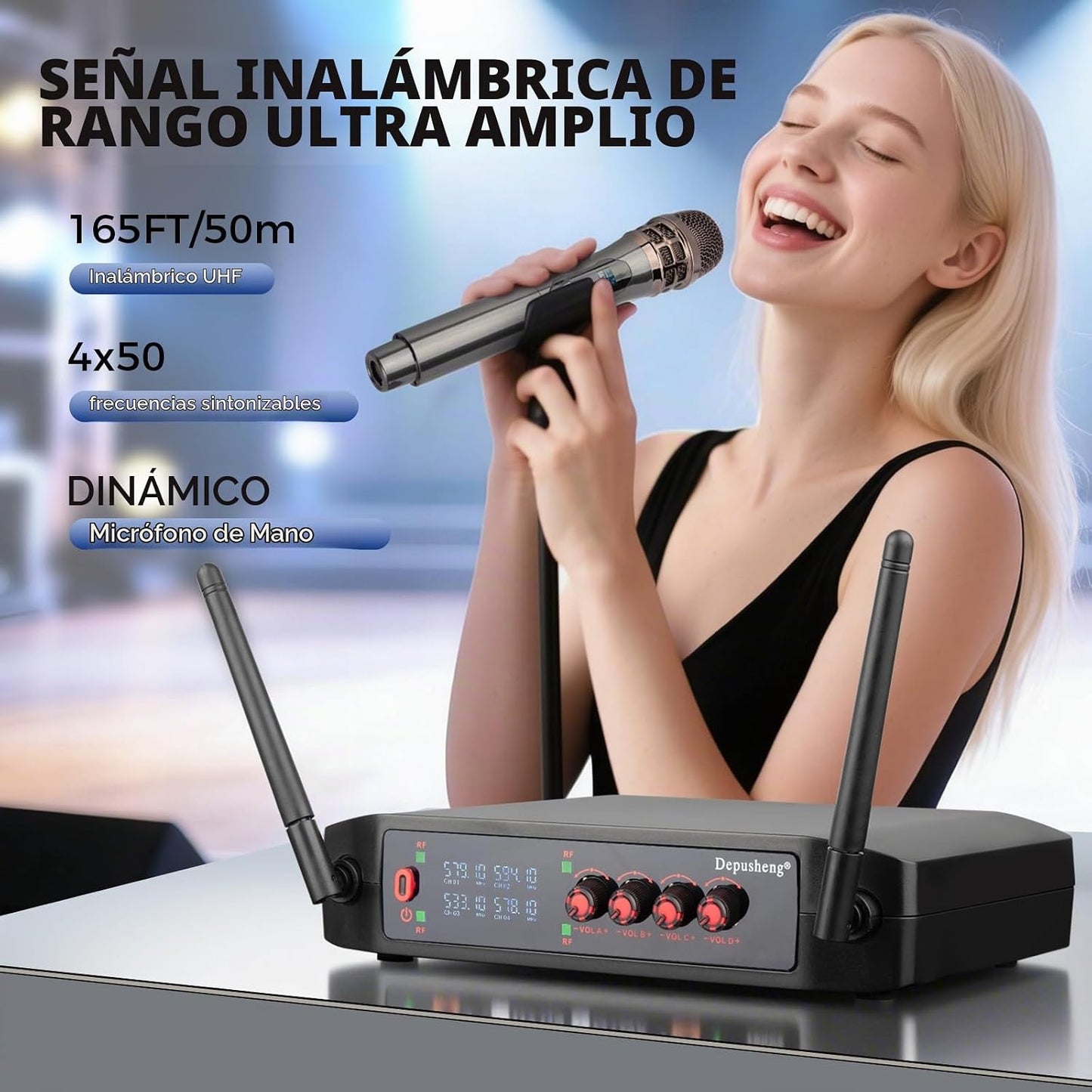 Sistema de micrófono inalámbrico profesional, 4 canales, juego de k...