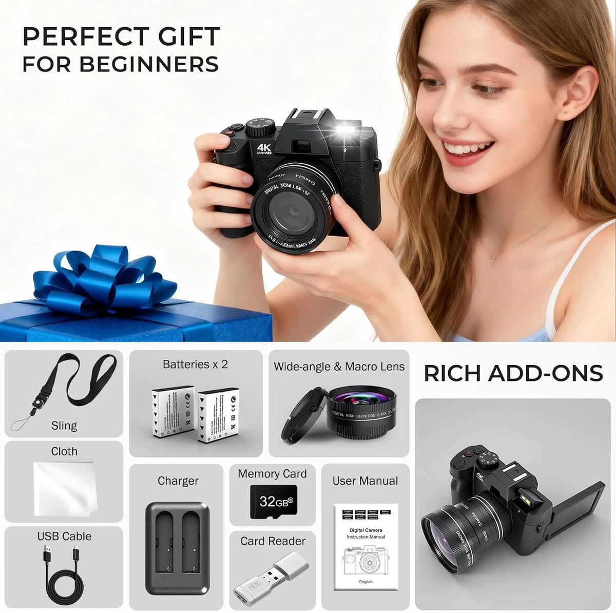 Cámara digital 4K para fotografía con WiFi, cámara de videoblogs co...