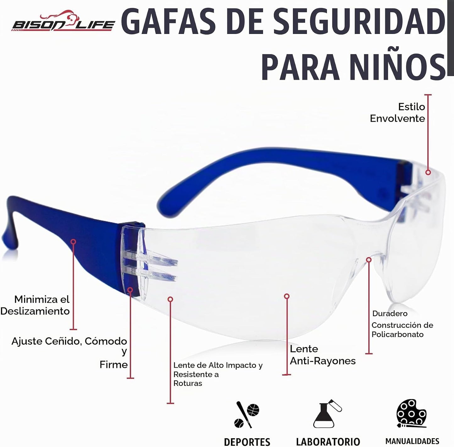 BISON LIFE Gafas de seguridad para niños, gafas protectoras para ni...