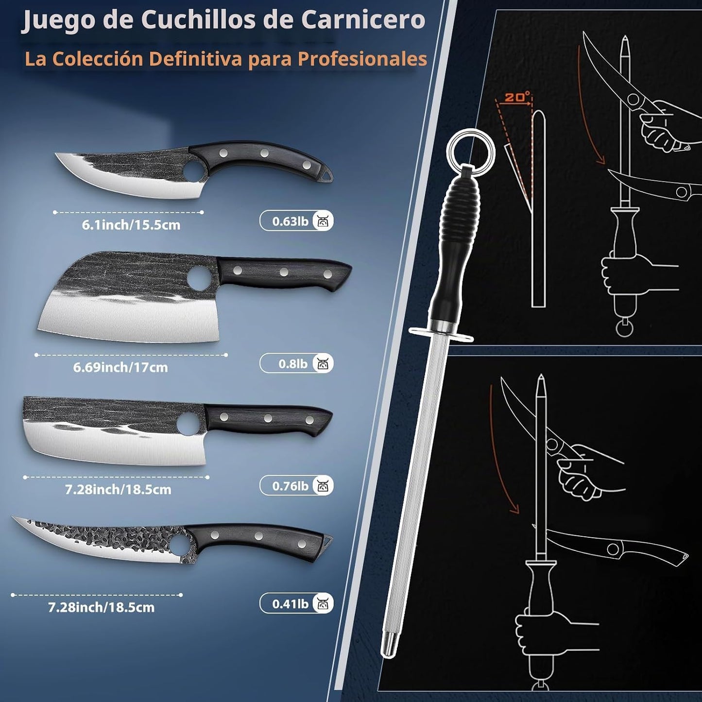 TIVOLI - Juego de cuchillos de carnicero profesional, 7 piezas de c...