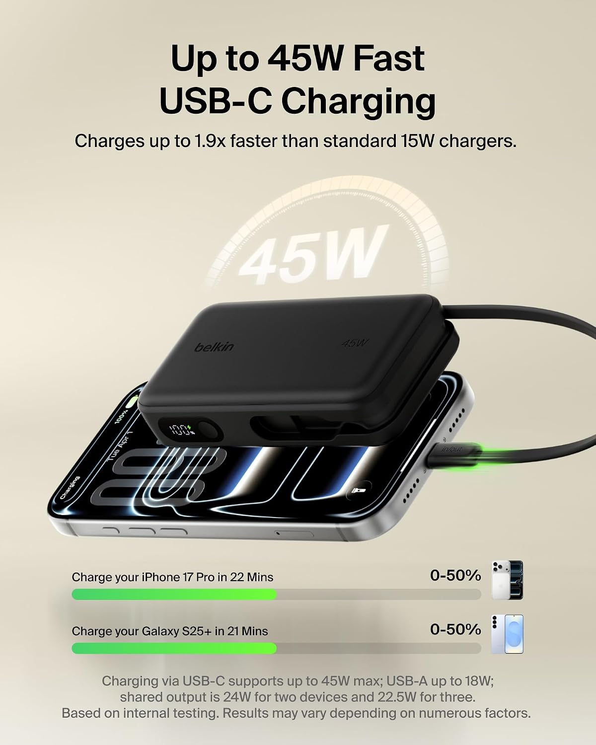 Belkin 10000mAh 45W Cargador portátil Power Bank, cable USB C integ...