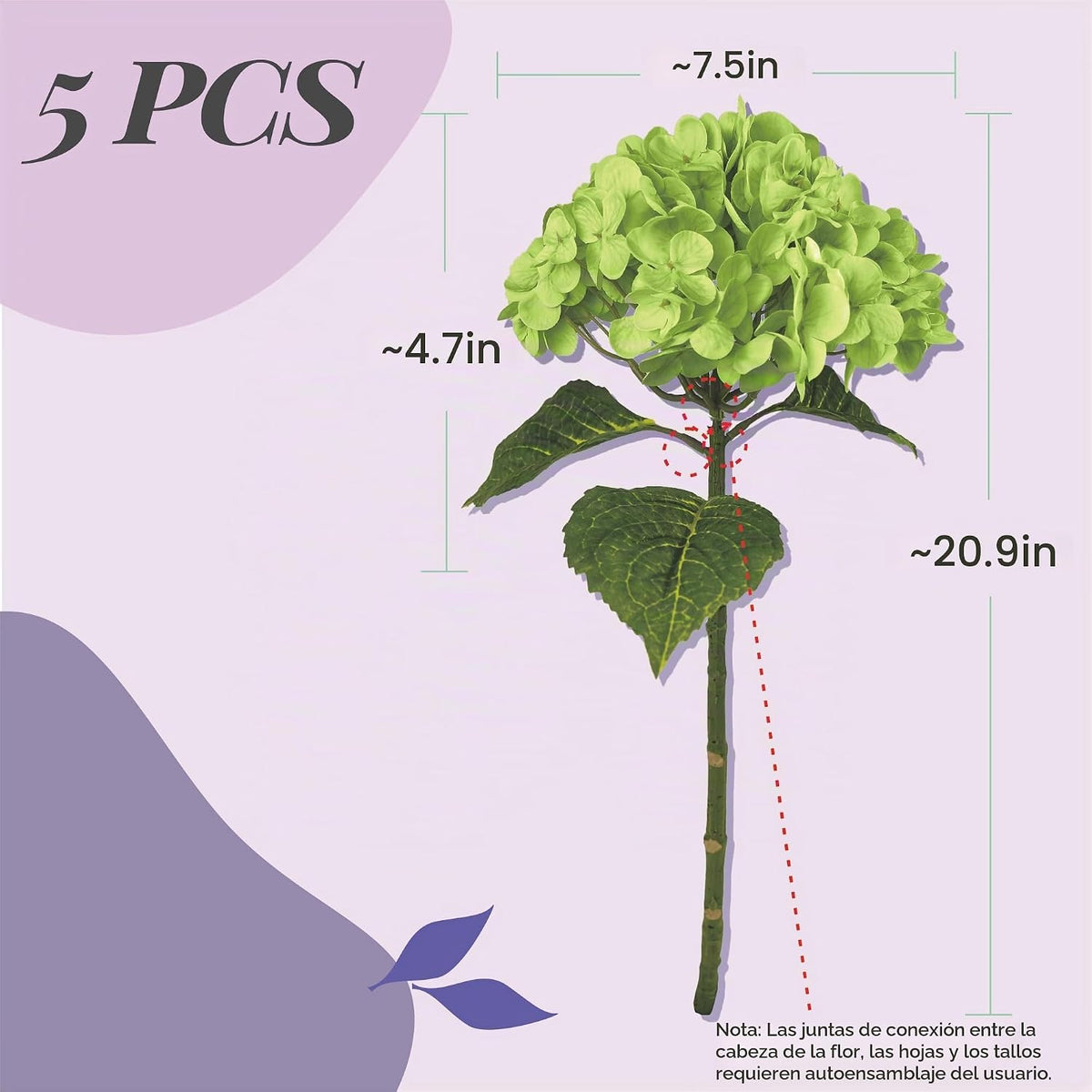 Yatim Hortensias artificiales verdes de 21 pulgadas con tallos, 5 u...